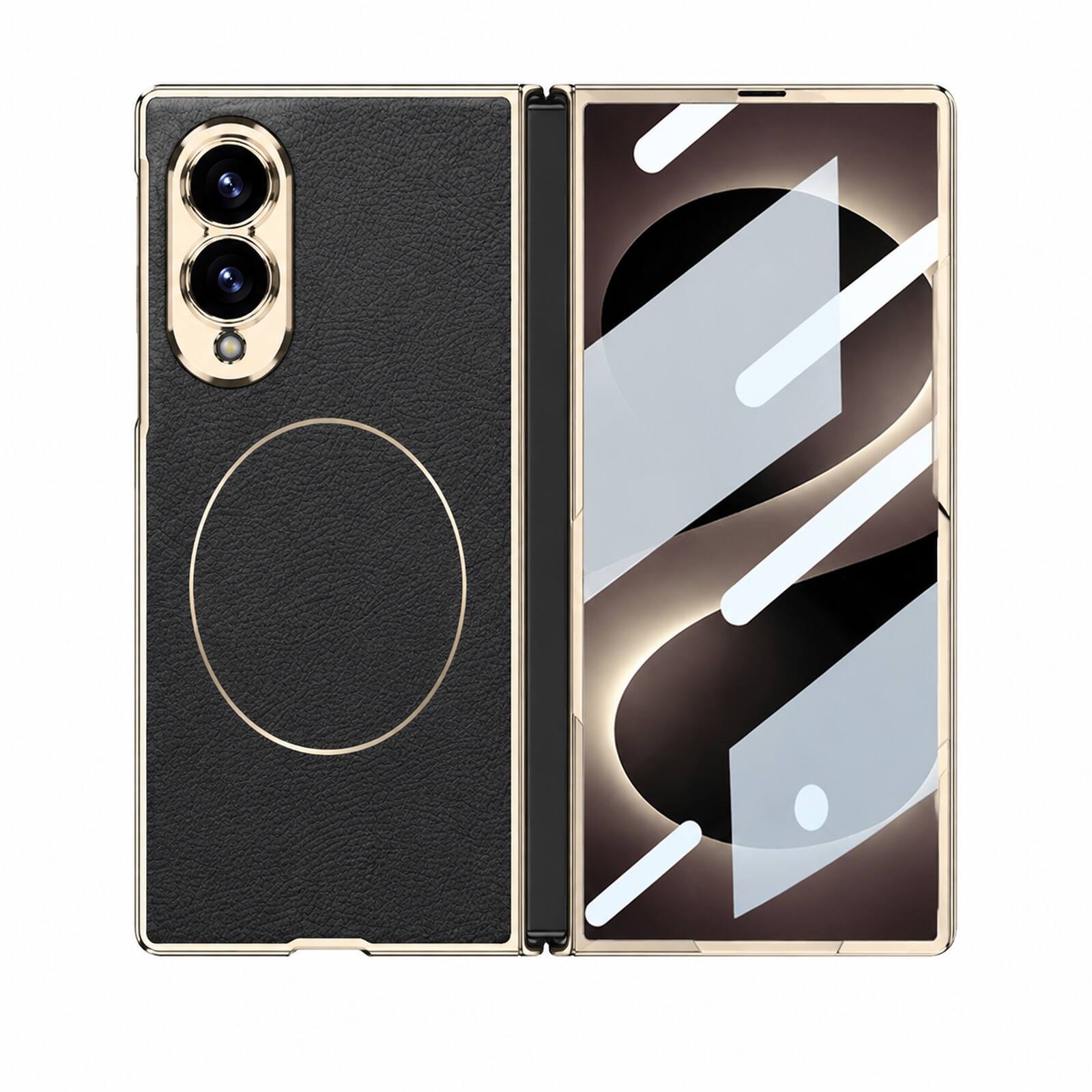 Angle. Dteck - Magnetic Back Cover for Samsung Galaxy Z Fold 8 with Tempered Glass Screen Protector, Shockproof PU Leather Cover - Goldblack.