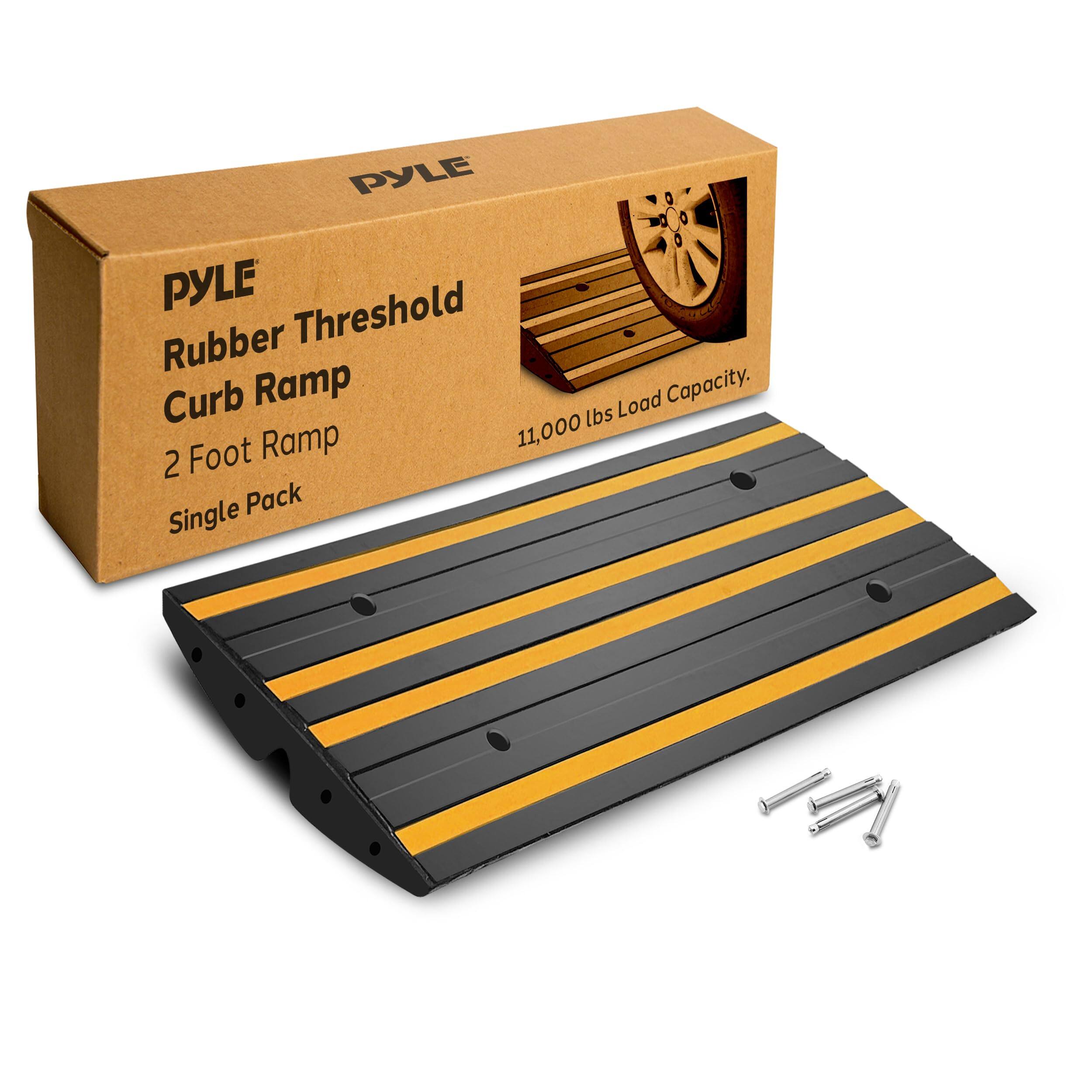 Pyle - 2ft Rubber Threshold Curb Ramp – Heavy Duty, Non-Slip, Waterproof, with Green Reflective Strip