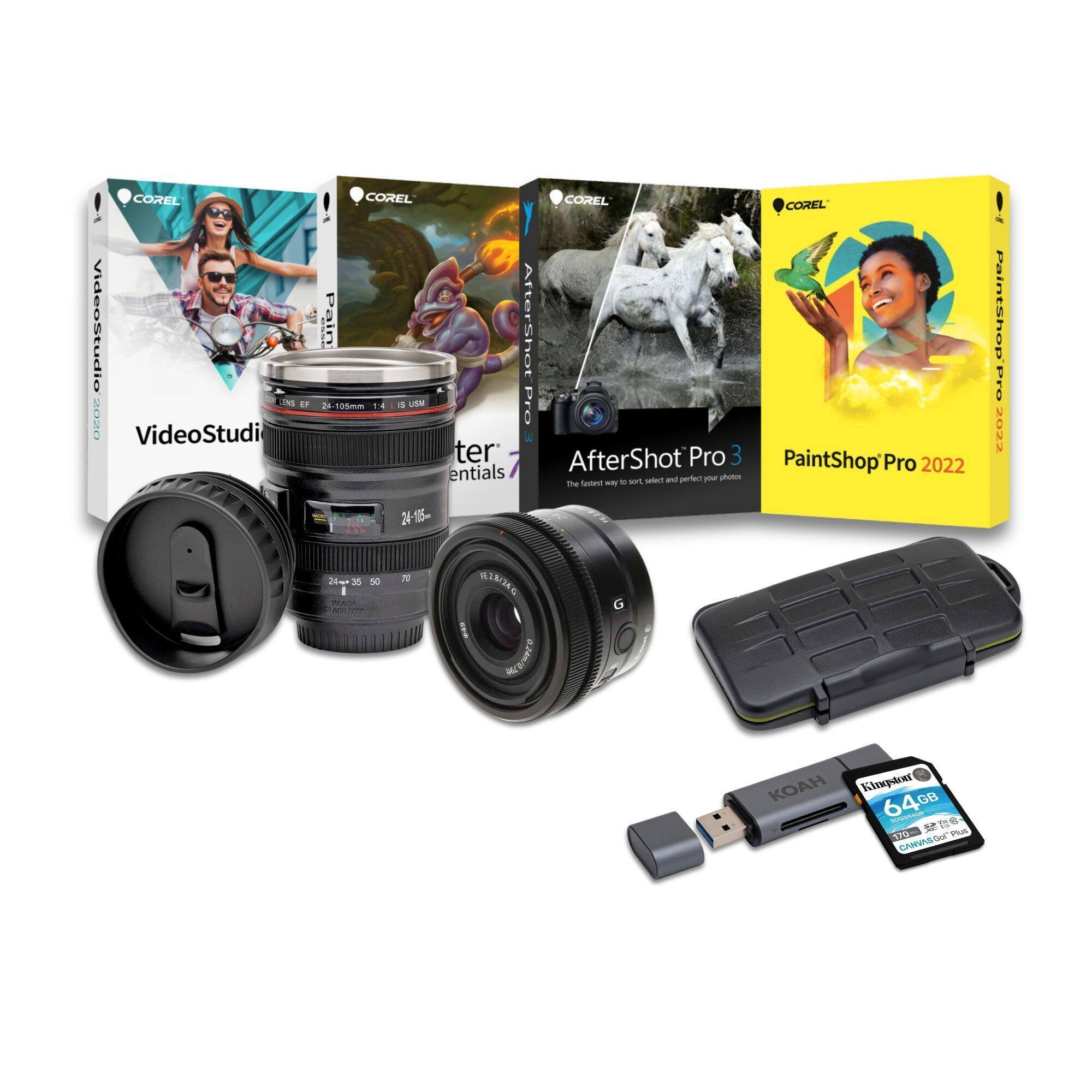COREL VideoStudio Pro 2020  
COREL AfterShot Pro 3  
COREL PaintShop Pro 2022  

24-105mm 1:4 IS USM  
24-35 50  
HEJ24140  

Kinopost 64GB SDHC UHS-I Class 10  

KOAH