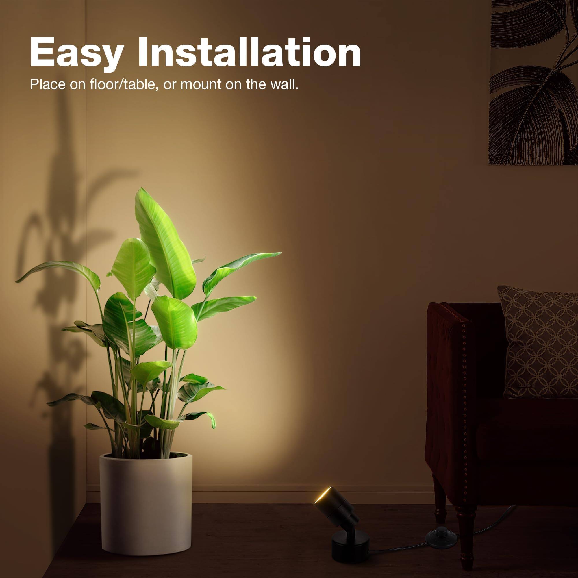 Easy Installation  
Place on floor/table, or mount on the wall.