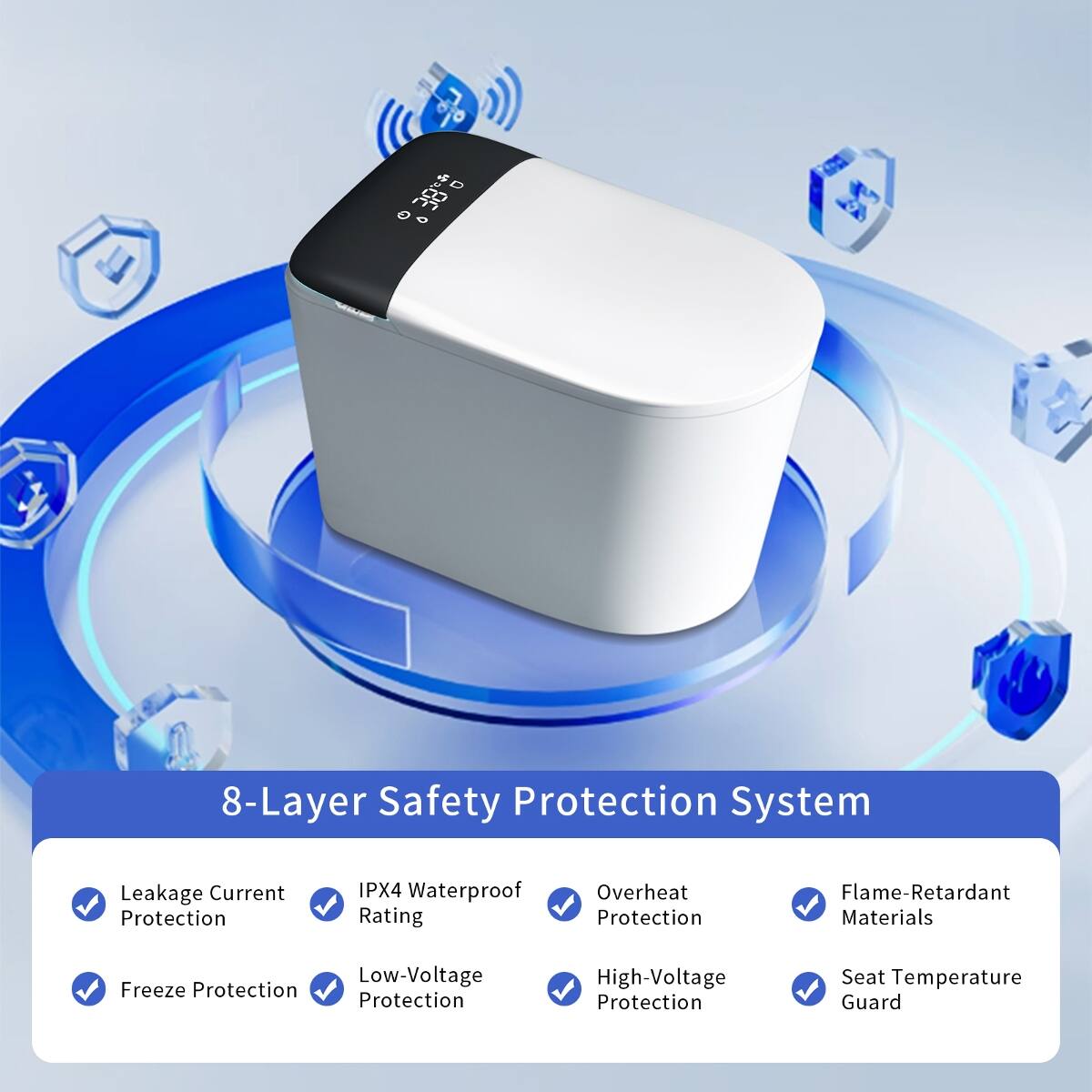 8-Layer Safety Protection System

- Leakage Current Protection
- IPX4 Waterproof Rating
- Overheat Protection
- Flame-Retardant Materials
- Low-Voltage Freeze Protection
- High-Voltage Protection
- Seat Temperature Guard