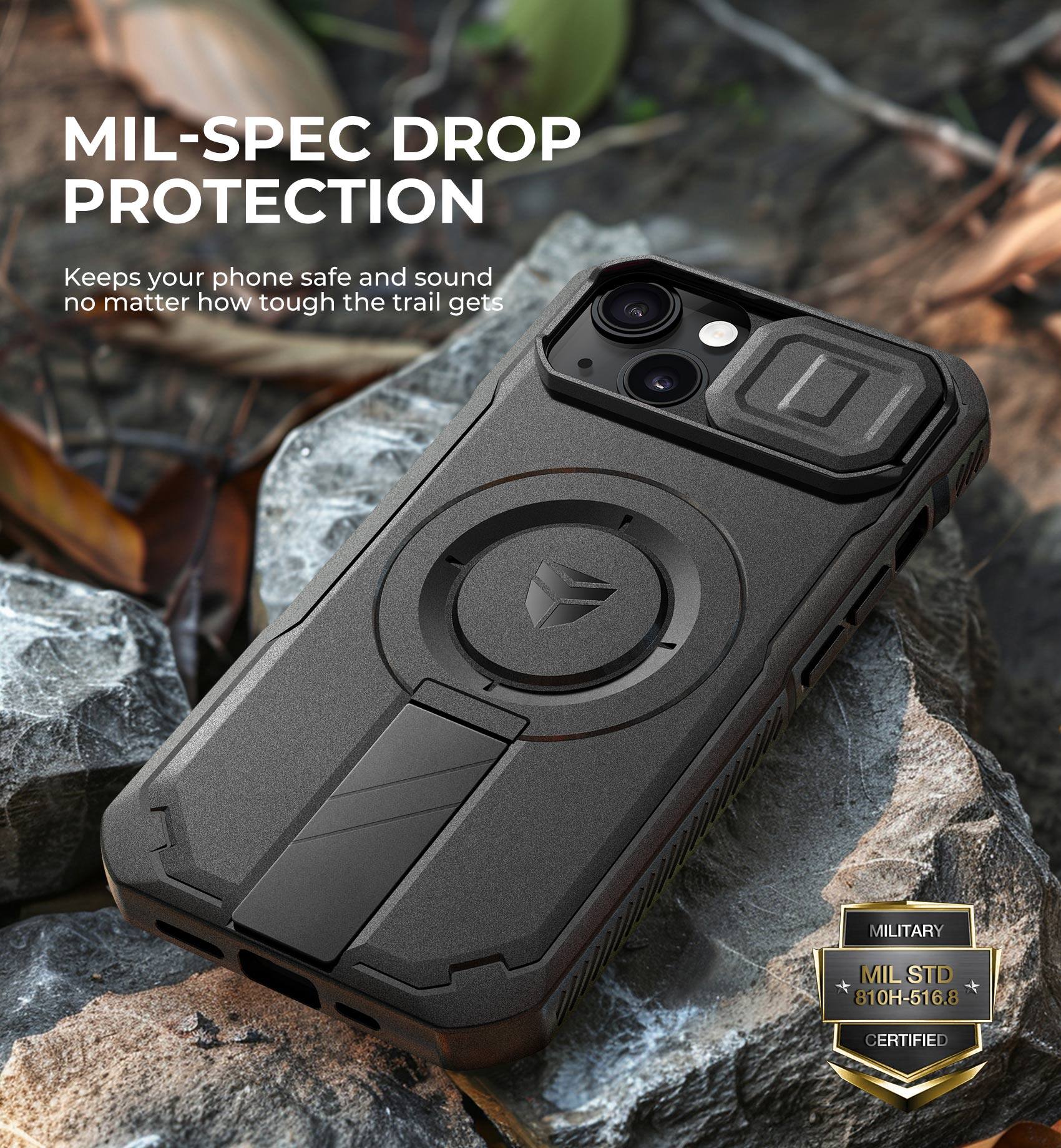 MIL-SPEC DROP PROTECTION  
Keeps your phone safe and sound no matter how tough the trail gets  

20 w 810H-516.8 MIL  
MILITARY STD CERTIFIED