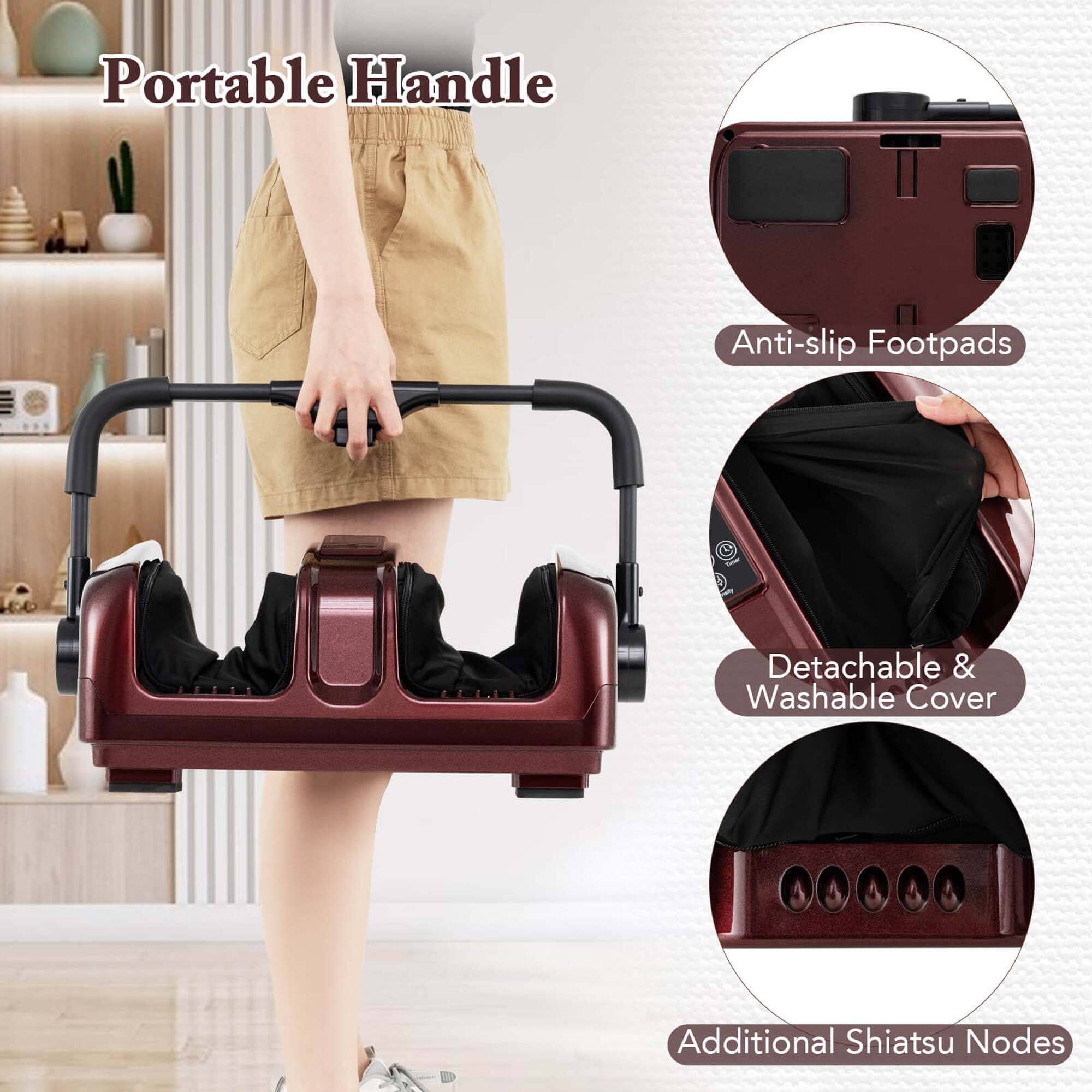 The image features a woman holding a portable handle with anti-slip footpads. The handle also has a detachable and washable cover, making it a convenient and practical product. Additionally, the handle has additional shiatsu nodes, which provide extra comfort and relaxation.