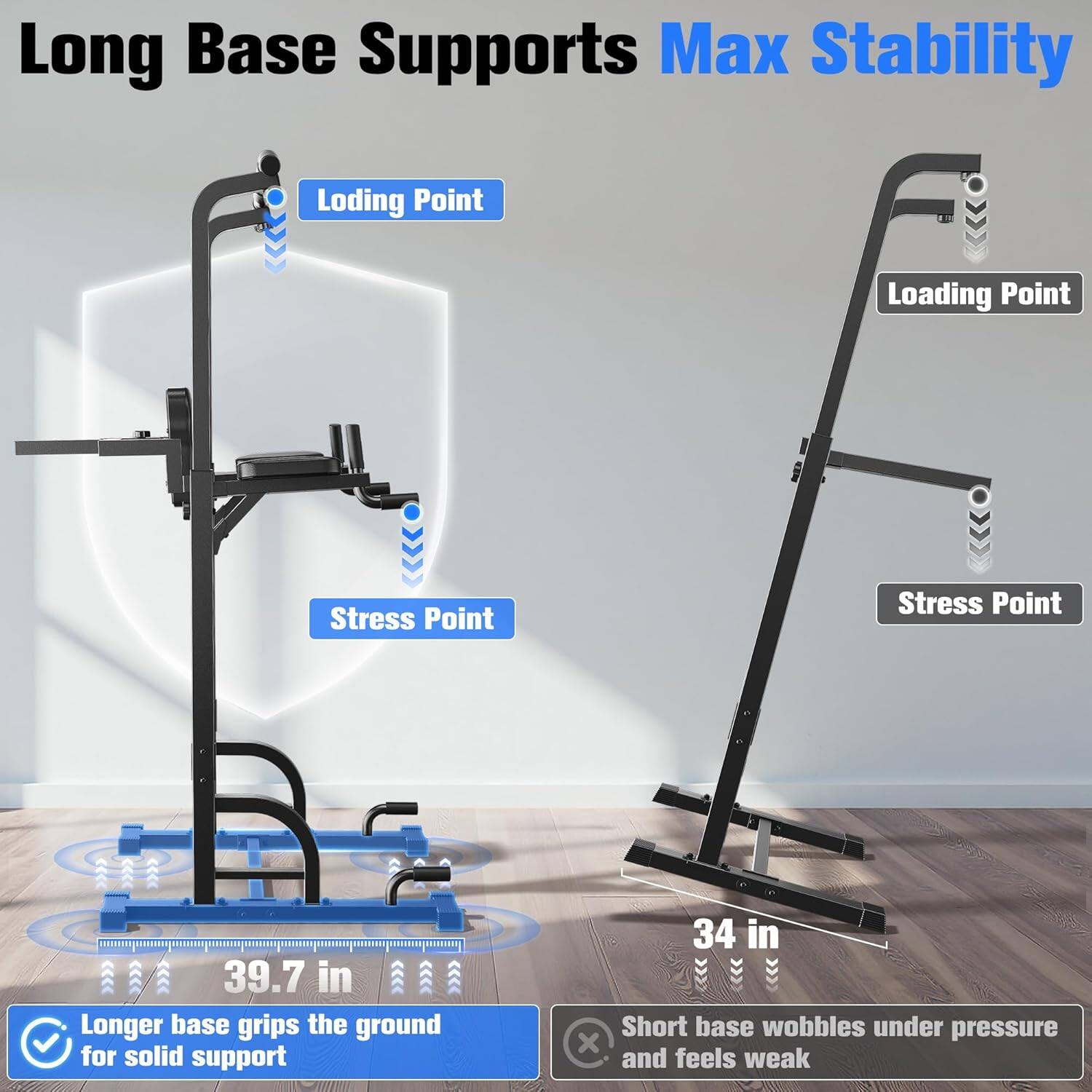 Long Base Supports Max Stability

- Loading Point
- Stress Point

39.7 in
Longer base grips the ground for solid support

- Loading Point
- Stress Point

34 in
Short base wobbles under pressure and feels weak