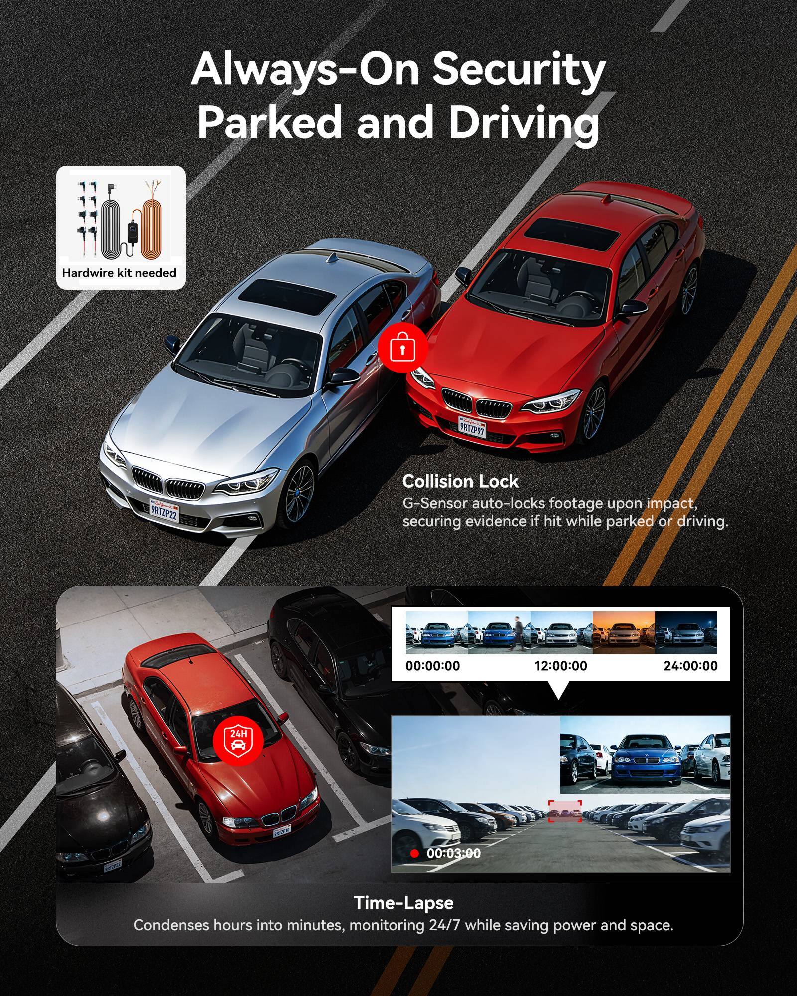 Always-On Security: Parked and Driving

Hardwire kit needed

Collision Lock
G-Sensor auto-locks footage upon impact, securing evidence if hit while parked or driving.

Time-Lapse
Condenses hours into minutes, monitoring 24/7 while saving power and space.