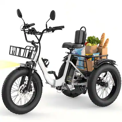 Front. Syedee - Electric Tricycle for Adults, 750W(Peak 1350W) Motor, 48V13Ah Battery, 20"x4" Folding Fat Tire 3-Wheel Electric Trike - White.