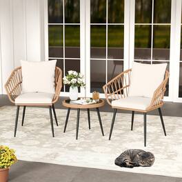 Costway - 3PCS Patio Bistro Set with Soft Cushions, Tempered Glass Coffee Table & Metal Frame - Natural + Off White