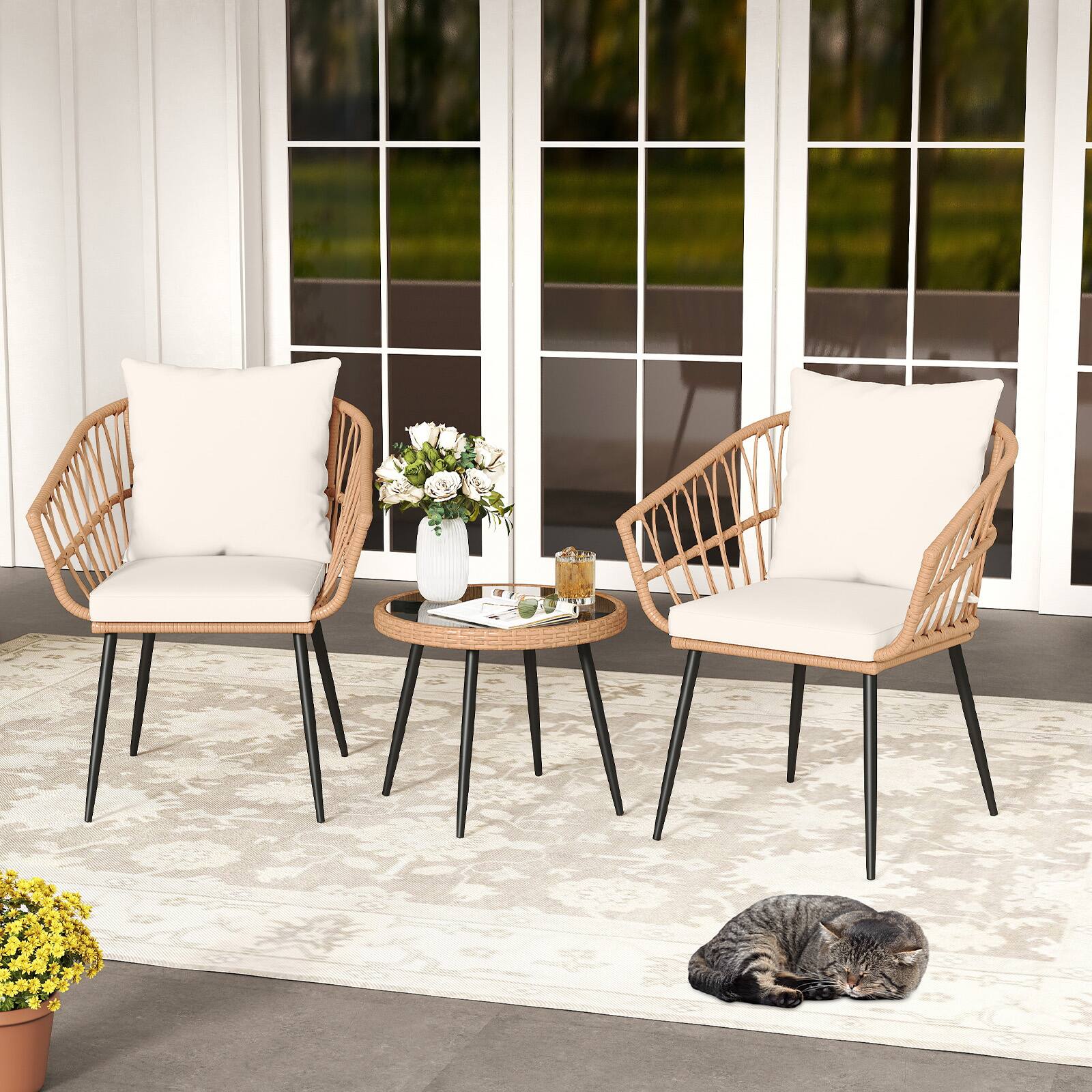Alt View 1. Costway - Costway 3PCS Patio Bistro Set with Soft Cushions, Tempered Glass Coffee Table & Metal Frame - Natural + Off White.
