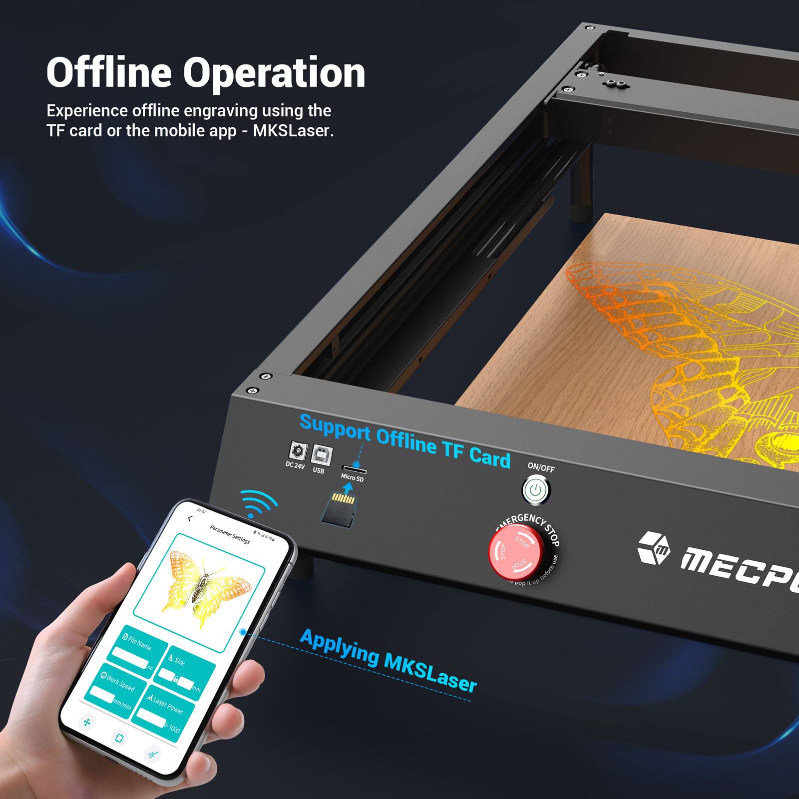 Offline Operation Experience offline engraving using the TF card or the mobile app - MKSLaser. 7 Support Offline TF Card KC2 uSS ON/OFF Mcr to m - nSm . MERGENCY Stop Semings naom STOP STOP STOP JE eforue a - T a Flr Kate Applying & Sor - werkSpnd Nor Seeed m MKSLaser A - Leser Pover 3000 m MECP