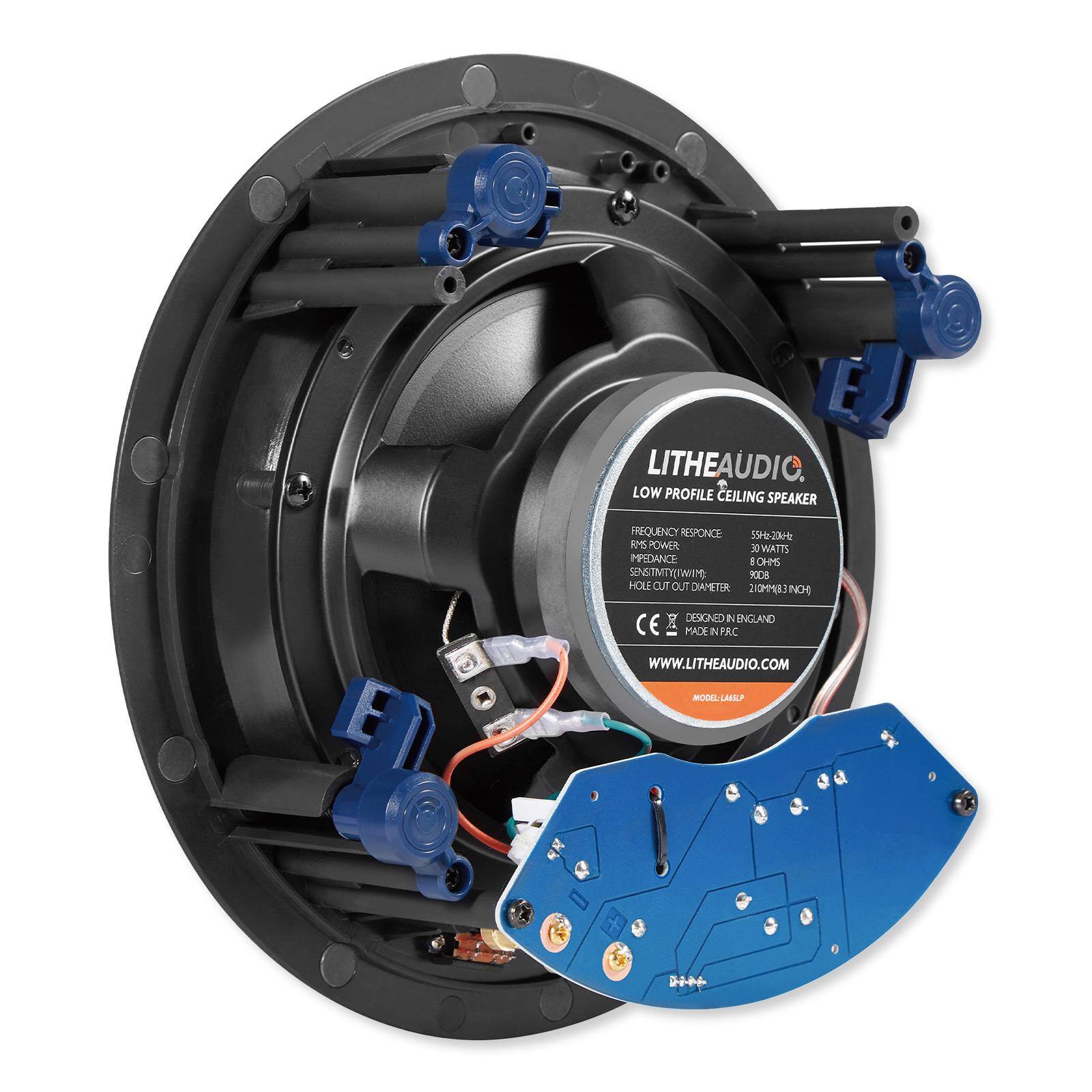 LITHEAUDIO  
LOW PROFILE CEILING SPEAKER  

FREQUENCY RESPONSE: 55-20kHz  
POWER: 30W  
IMPEDANCE: 8Ω  
SENSITIVITY: 89dB  
HOLE CUT OUT DIAMETER: 200mm (8")  
DESIGNED IN ENGLAND  
MADE IN CHINA  
WWW.LITHEAUDIO.COM  

MODEL: LPA-100