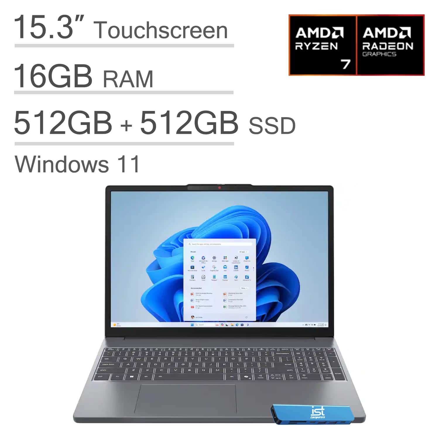 "Lenovo - IdeaPad Slim 3 15.3"" FHD+ Touchscreen Laptop - AMD Ryzen 7 170 2025 - 16GB Memory - 1TB Storage(512GB + 512GB SSD) - Luna Grey" price history on PriceWatchPro