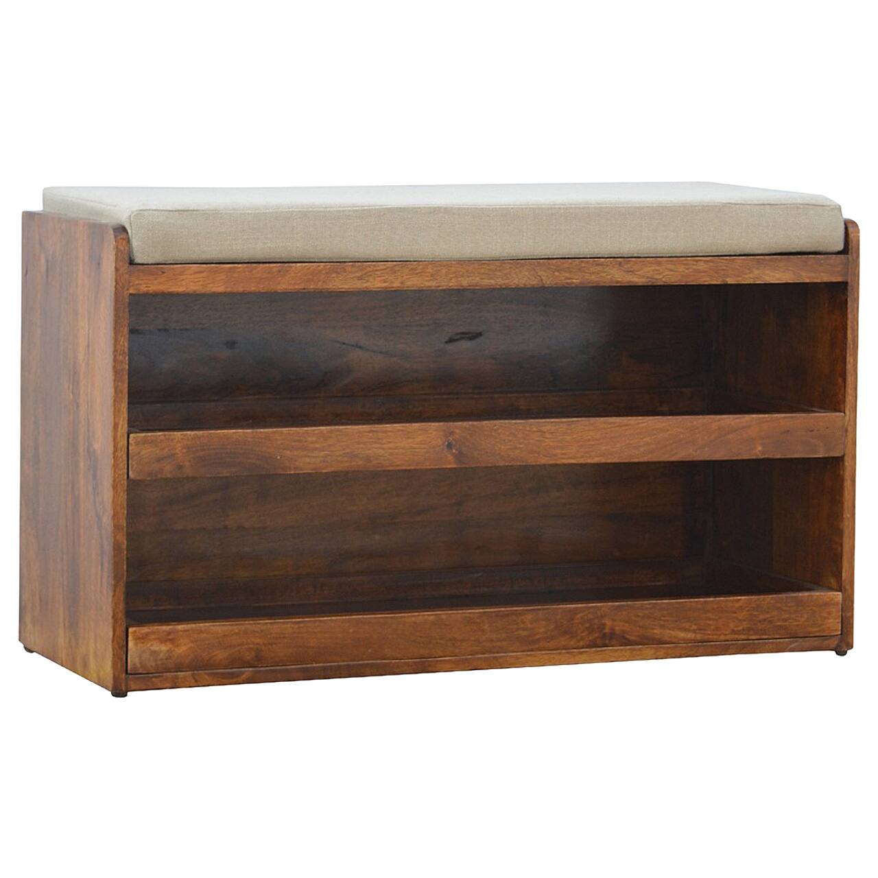 Back. Artisan Furniture - Artisan Furniture Solid Wood Mud Linen Pull out Shoe Bench, Upholstered, 2 Shelves, Brown & White - Brown & White.