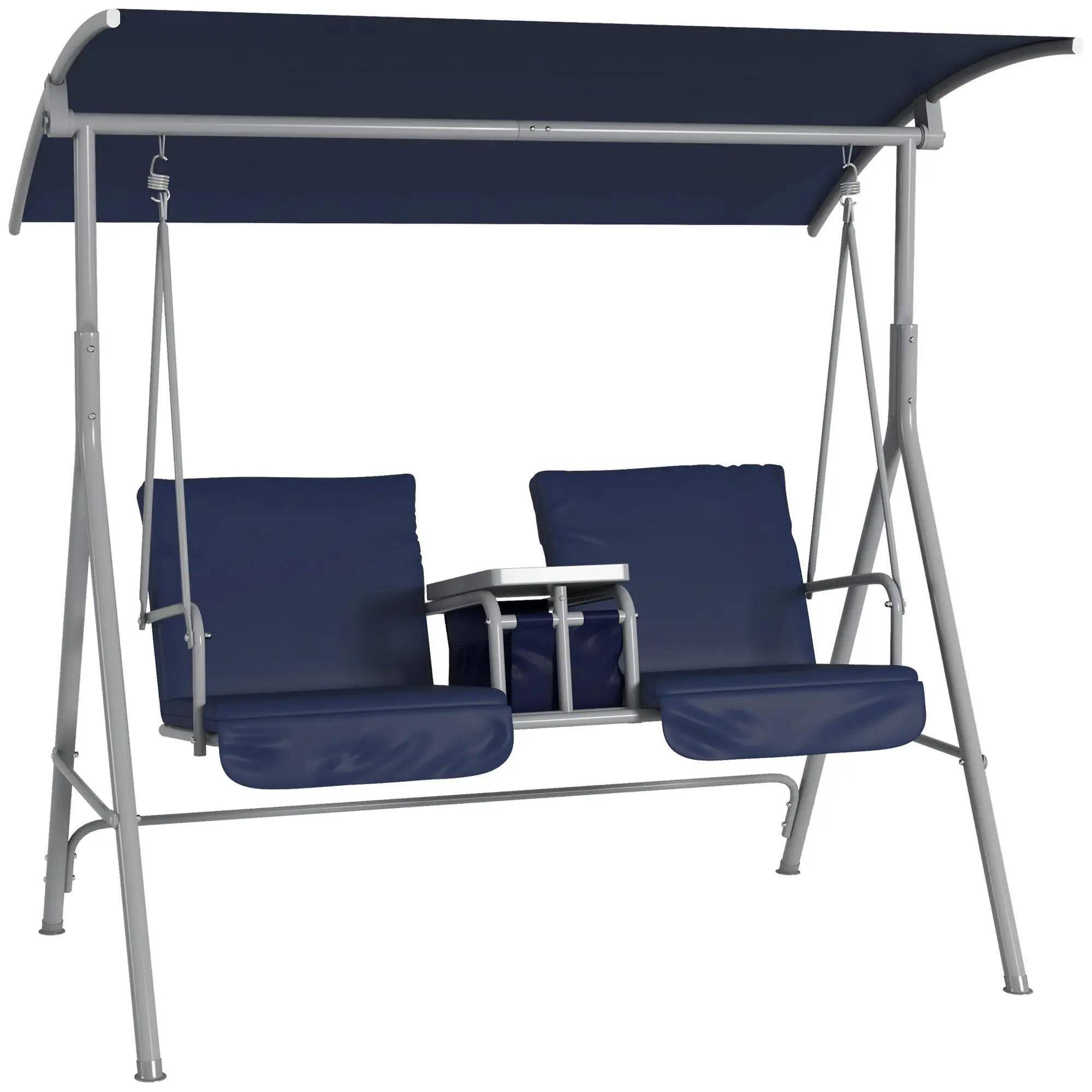 Front. Resenkos - Resenkos 2-Seater Swing With Canopy & Table, Patio Garden Swing, Poolside Backyard Relaxation, Dark Blue.