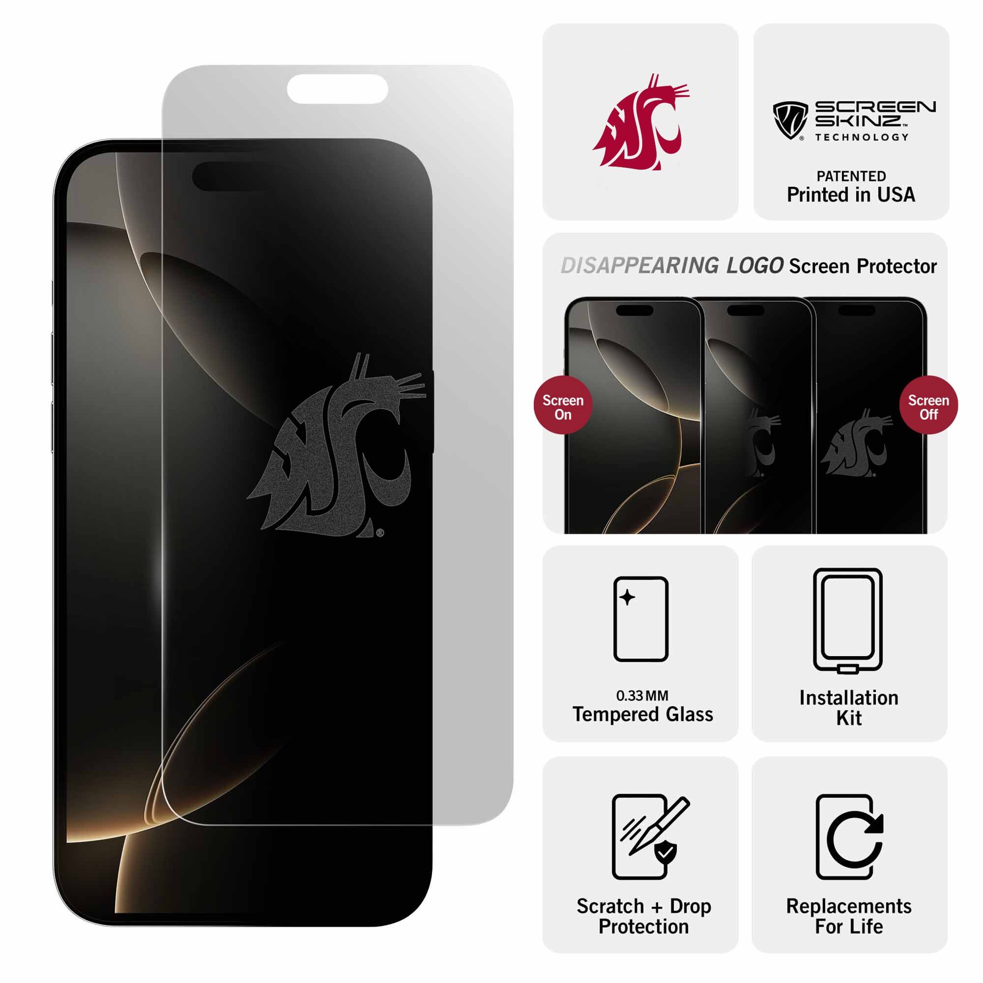 Sure, here is the corrected and grouped text:

---

**SCREEN SKINZ TECHNOLOGY**  
PATENTED  
Printed in USA  

**DISAPPEARING LOGO Screen Protector**  

- Screen On  
- Screen Off  

- 0.33MM Tempered Glass  
- Installation Kit  
- Scratch + Drop Protection  
- Replacements For Life  

---
