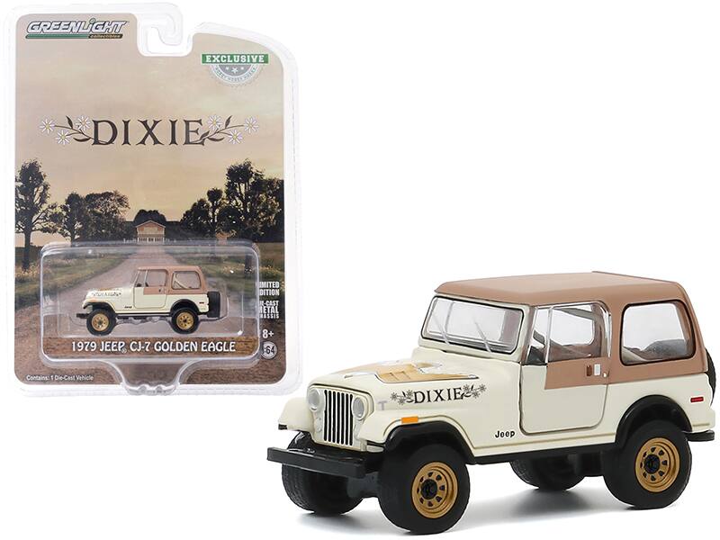 GREENLIGHT  
EXCLUSIVE  
DIXIE  

1979 JEEP CJ-7 GOLDEN EAGLE  

LIMITED EDITION  
DIE-CAST METAL  
8+  

Contains: 1 Die-Cast Vehicle  

DIXIE  
Jeep