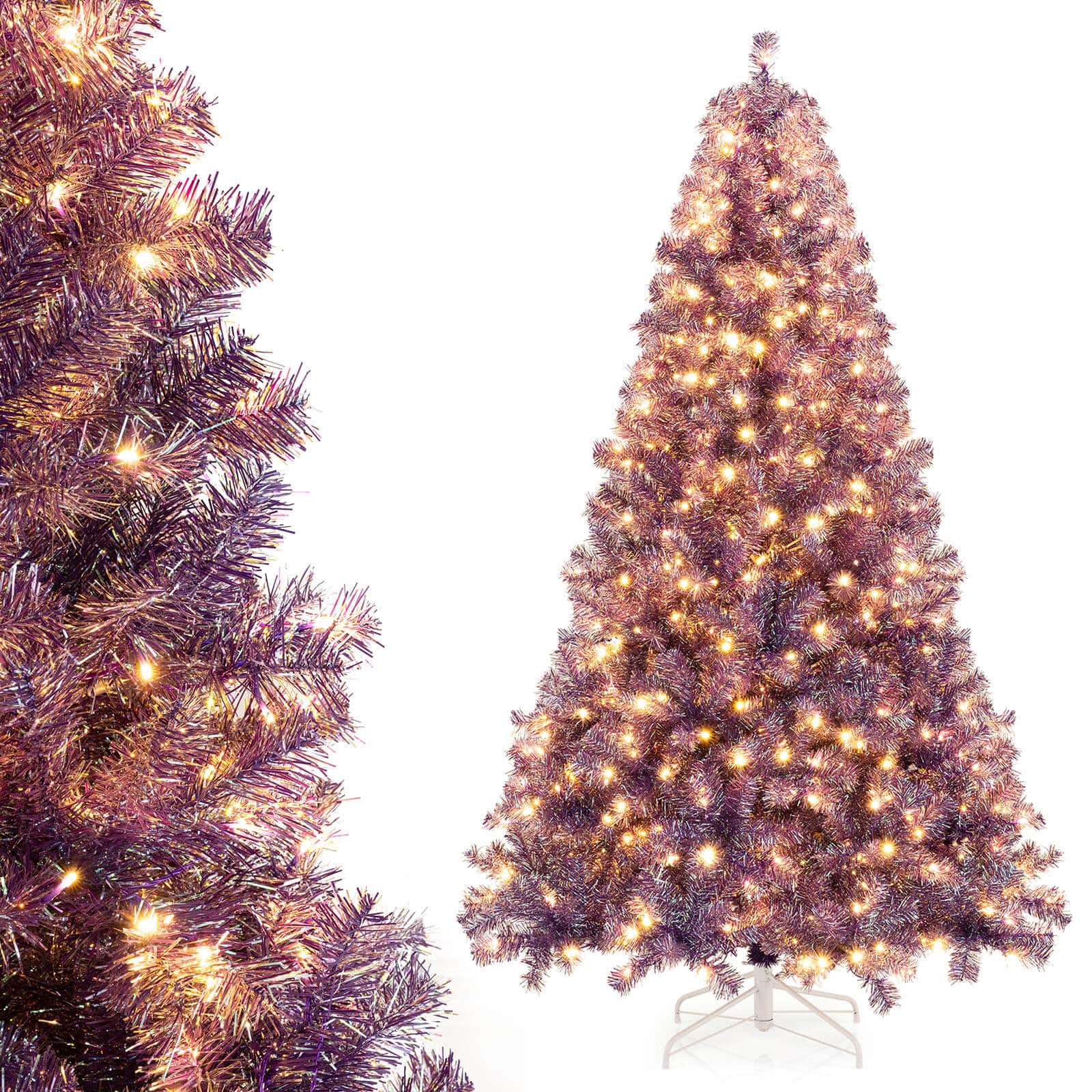 Costway - 7.5 FT Artificial Tinsel Christmas Tree with 550 Lights, 8 Modes, 1300 Branch Tips - Deep Purple