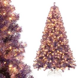 Costway - 7.5 FT Artificial Tinsel Christmas Tree with 550 Lights, 8 Modes, 1300 Branch Tips - Deep Purple