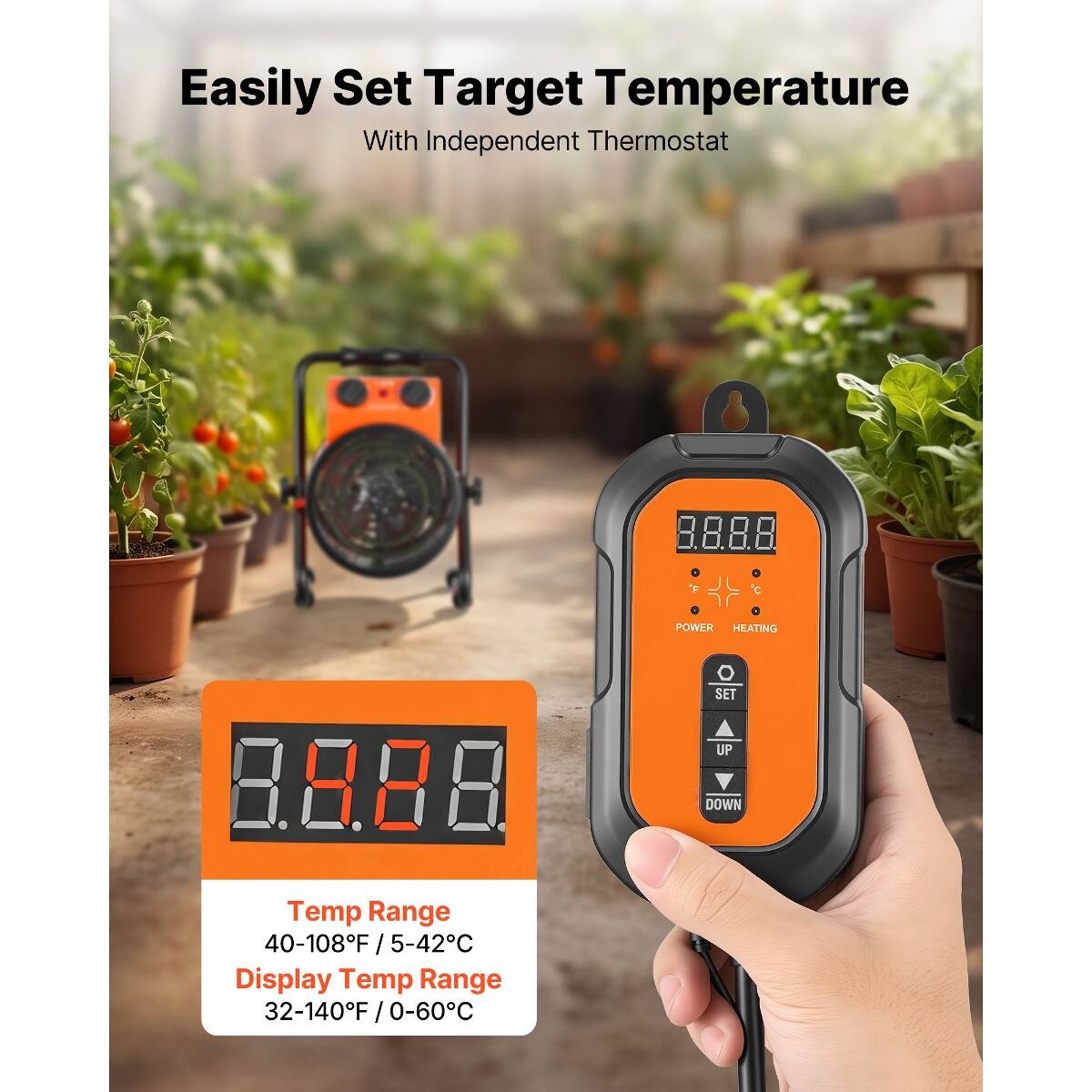 Easily Set Target Temperature With Independent Thermostat

POWER HEATING

8.8.8.8

O SET UP DOWN

Temp Range 40-108°F / 5-42°C
Display Temp Range 32-140°F / 0-60°C
