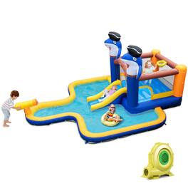 Costway - Inflatable Water Slide Park Bounce House Splash Pool Water Cannon with 735W Blower - Multicolour
