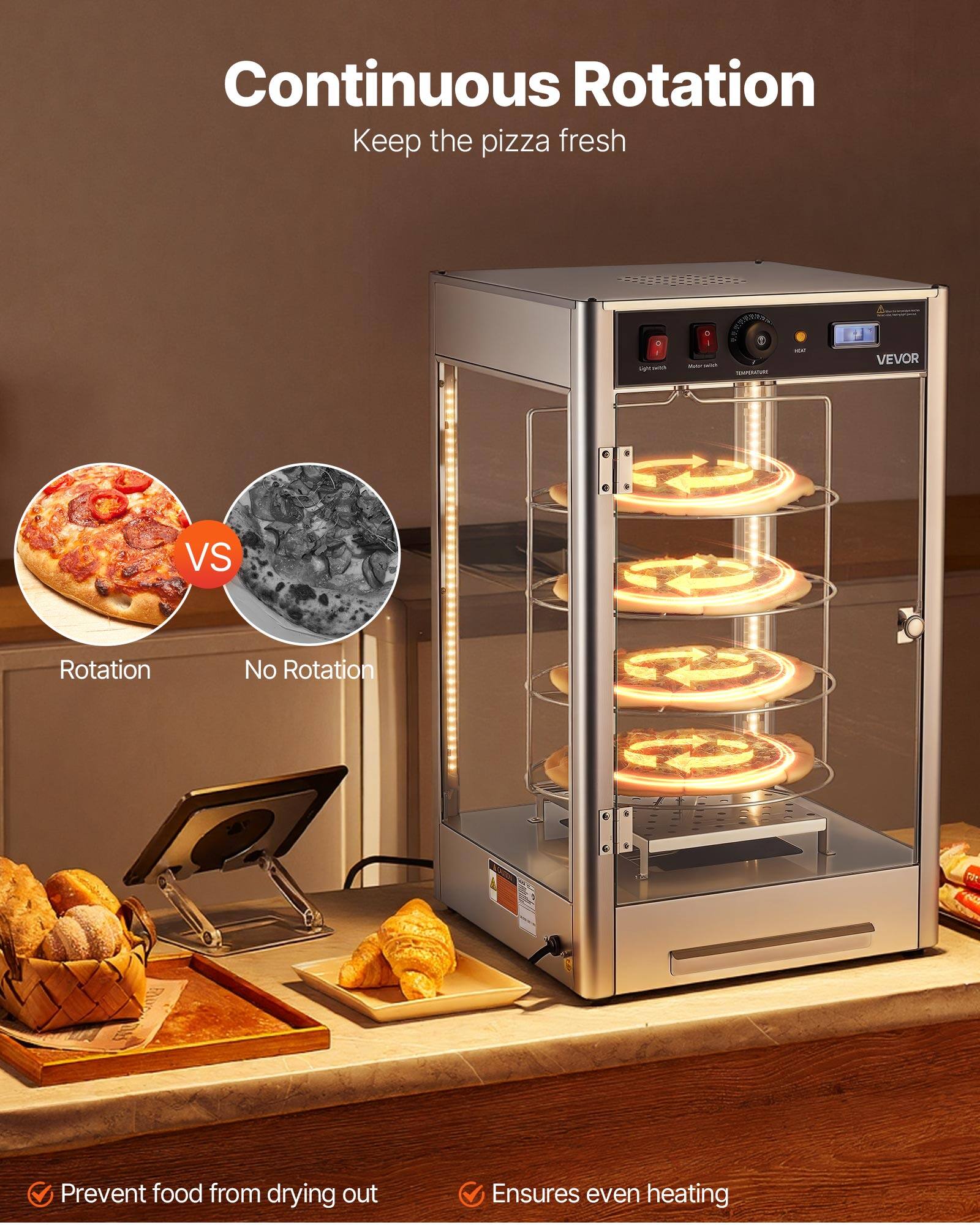 Continuous Rotation  
Keep the pizza fresh

1  
Motor delich TEMPERATURE  
1047  
VEVOR  
VS  
Rotation  
No Rotation  
NO  
Prevent food from drying out  
Ensures even heating