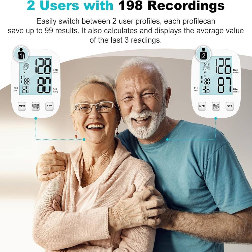 2 Users with 198 Recordings

Easily switch between 2 user profiles, each profile can save up to 99 results. It also calculates and displays the average value of the last 3 readings.

PUL - 208 5 M 0. SYS - DIA mmHg

PUL - 2 BS 8 05C M on o0 SYS mAr DIA - MEM START STOP SET

PUL - 88 80 SYS - 80 DIA mmHg

PUL - 80 86 SYS - 87 DIA mmHg