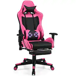 WELLFOR - PU Leather Gaming Chair with USB Massage Lumbar Pillow and Footrest - Pink