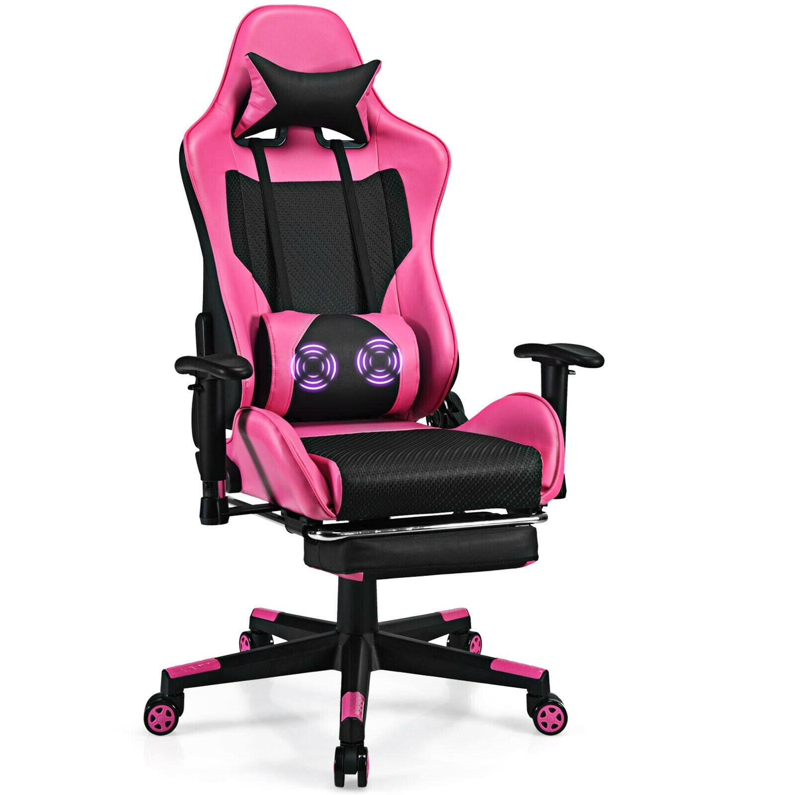 Front. WELLFOR - PU Leather Gaming Chair with USB Massage Lumbar Pillow and Footrest - Pink.