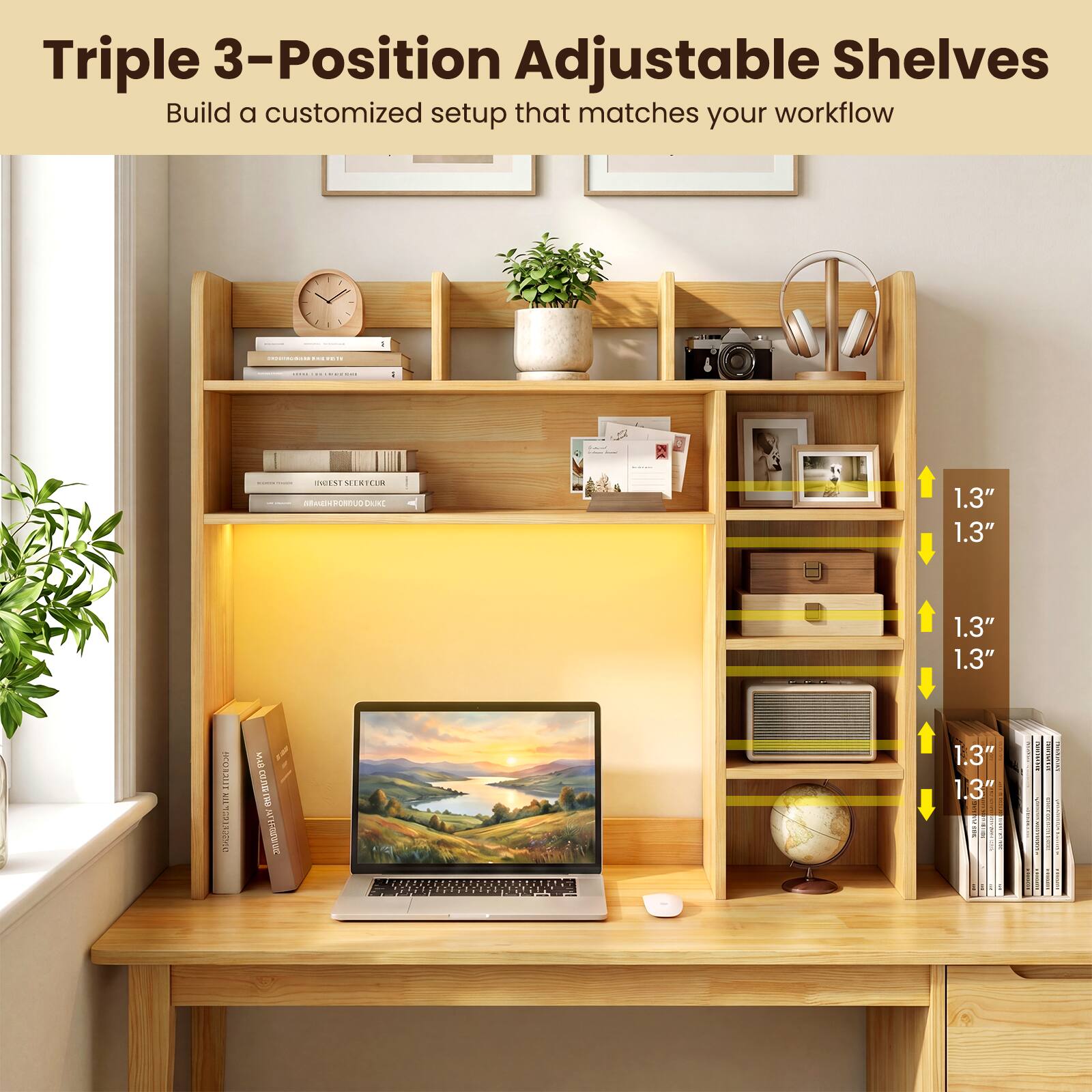 Triple 3-Position Adjustable Shelves  
Build a customized setup that matches your workflow  

1.3"  
1.3"  
1.3"  
1.3"