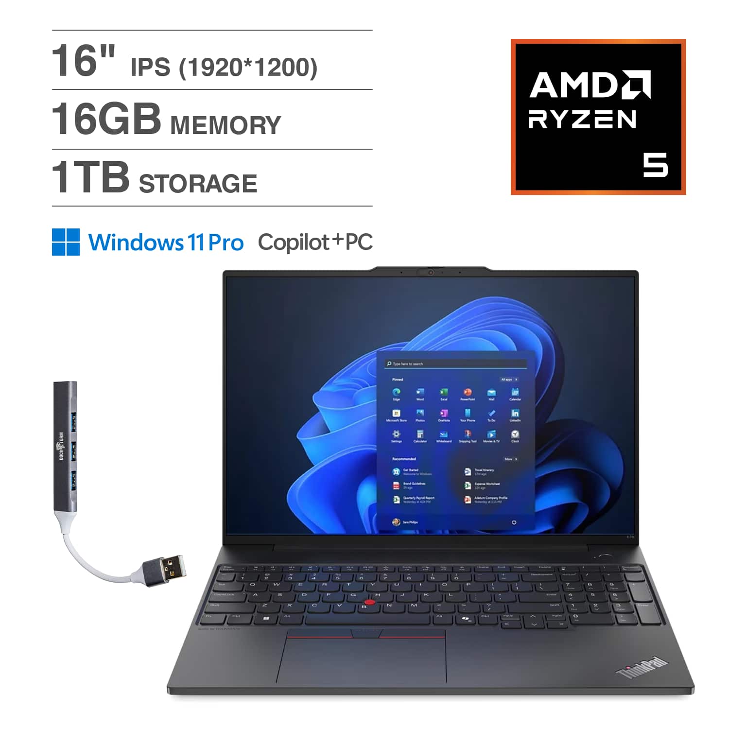 Lenovo - ThinkPad E16 Laptop 16.0 WUXGA (AMD Ryzen 5 230, 16GB DDR5, 1TB PCIe SSD, AMD Radeon, Win 11 Pro) w/USB Hub - Black