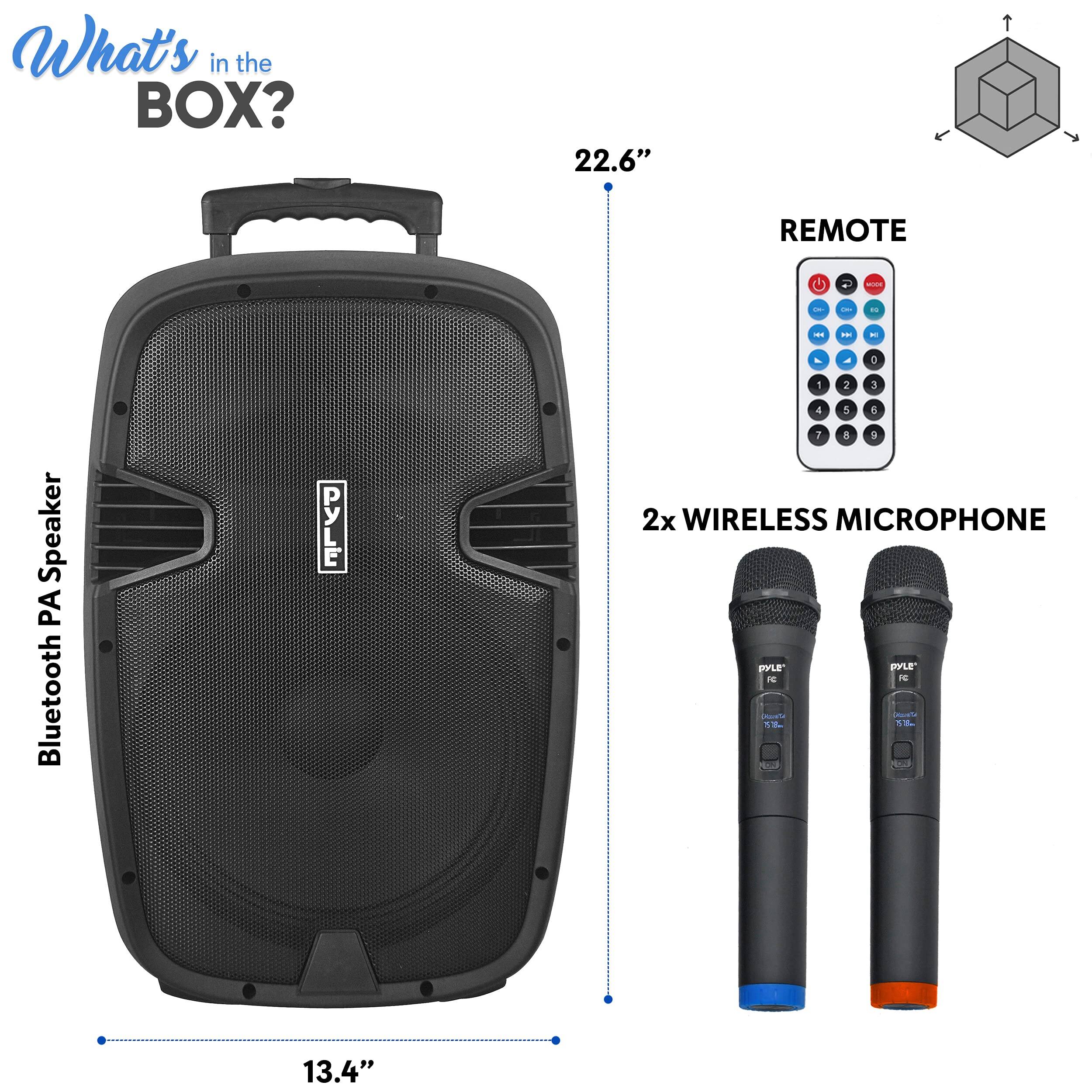 What's in the BOX?

- 22.6" Bluetooth PA Speaker
- REMOTE
- 2x WIRELESS MICROPHONE

Dimensions:
- Height: 22.6"
- Width: 13.4"