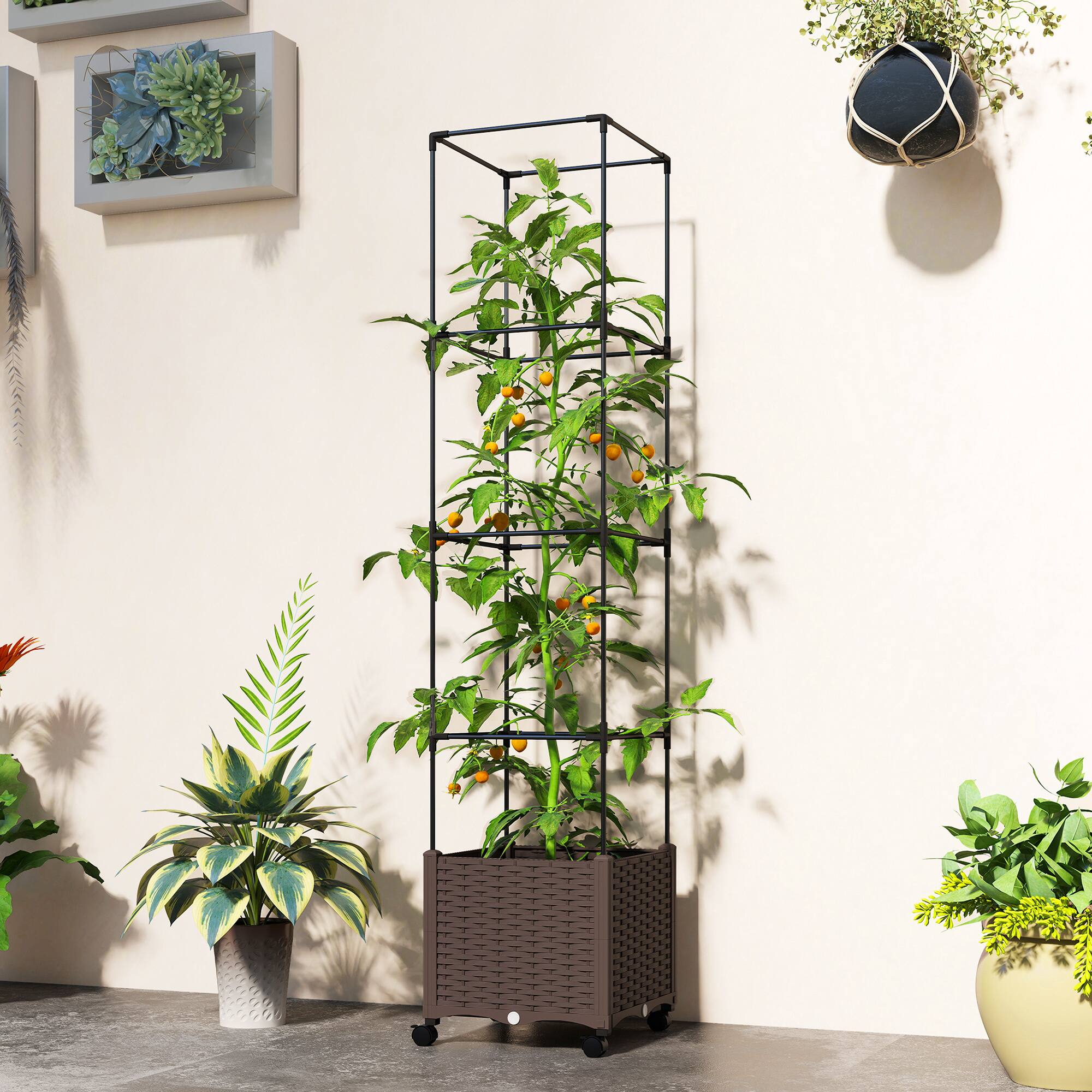Alt View 1. Outsunny - Garden Bed with Trellis, Tomato Cage with Lockable Wheels.