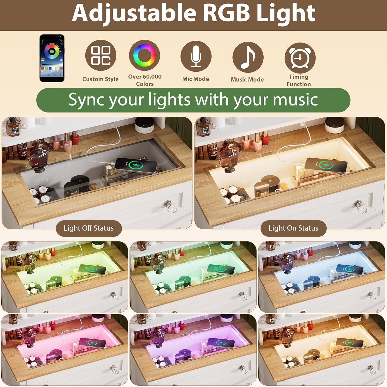 Adjustable RGB Light

Custom Style  
Over 60,000 Colors  
Mic Mode  
Music Mode  
Timing Function  

Sync your lights with your music  

Light Off Status  
Light On Status