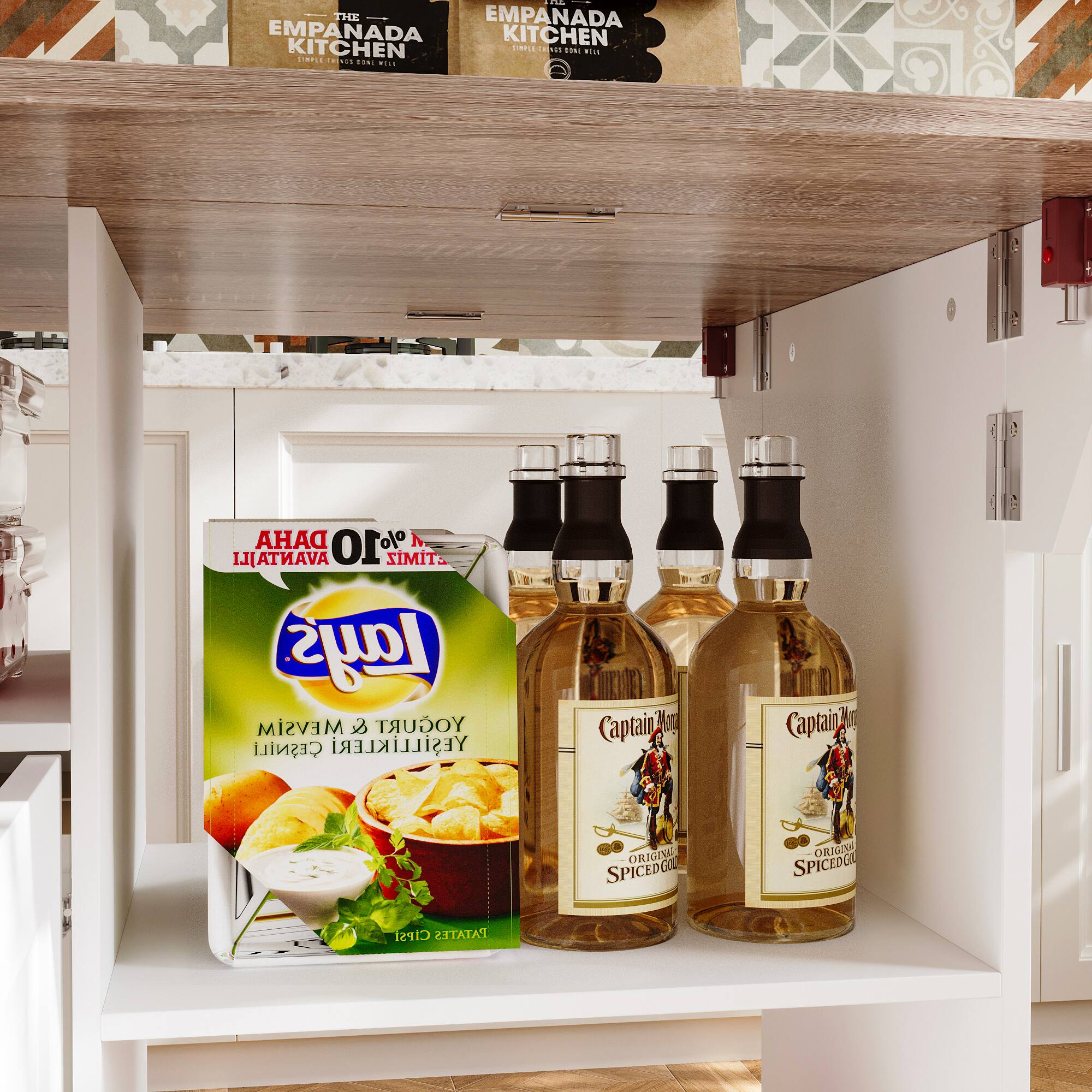 Sure, here is the corrected and grouped text from the image:

---

**The Empanada Kitchen**

**Lay's**  
Yogurt & Onion  
Original Spiced

**Captain Morgan**  
Original Spiced Gold

**The Empanada Kitchen**  
Time to Eat

---

**Note:** The text "AHACI OLO" and "HI[ATINAVA] KIMITS" appears to be part of a logo or design and is not clear enough to be accurately transcribed.