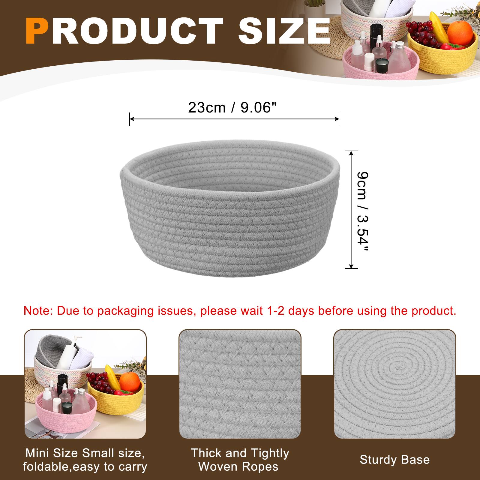 PRODUCT SIZE

23cm / 9.06"  
9cm / 3.54"

Note: Due to packaging issues, please wait 1-2 days before using the product.

Mini Size Small size, foldable, easy to carry  
Thick and Tightly Woven Ropes  
Sturdy Base