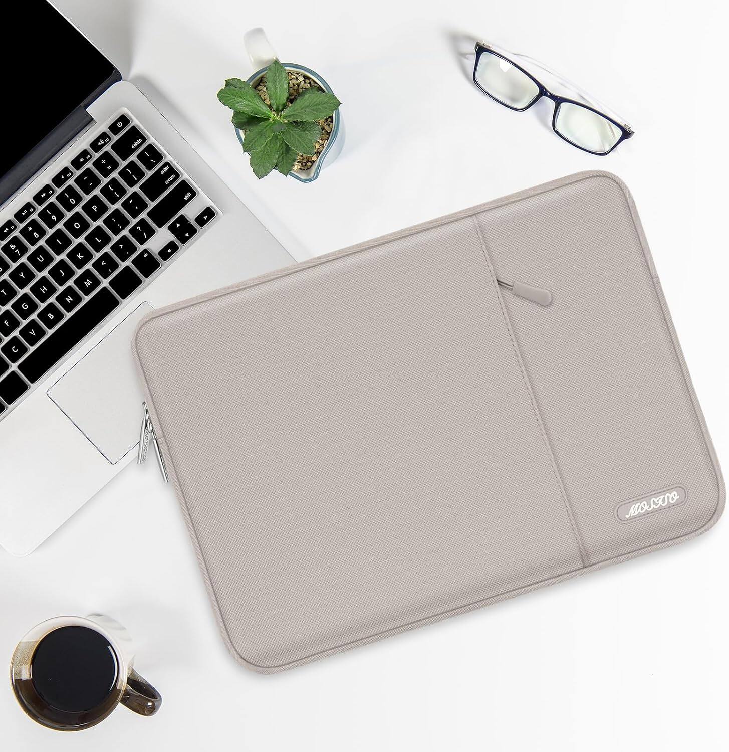 Alt View 1. mosiso - 14 inch Laptop Sleeve with Pocket, Polyester Vertical Case for ASUS Acer, HP Stream, Dell Latitude, Lenovo IdeaPad - Stone Gray.