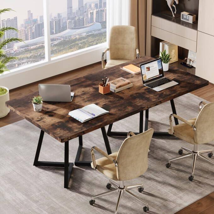 Left. Tribesigns - 31.5" Square Conference Table, Industrial Office Meeting Table for 4 People, Business Podcast Furniture with Metal Base - Vintage Brown.