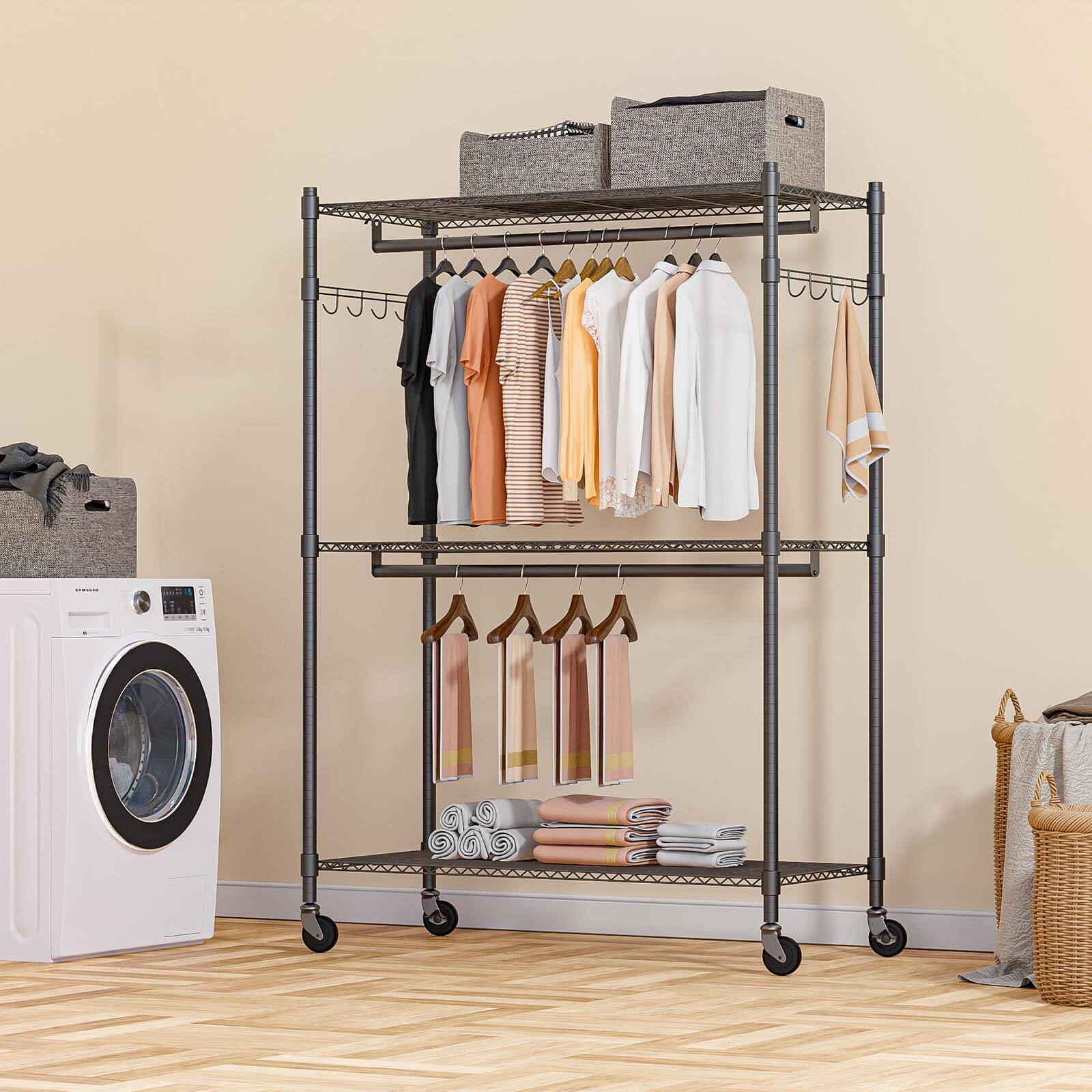 Alt View 6. Hirose Alice - Homdox Heavy Duty Rolling Clothing Rack  Garment Rack with 3 Tier Storage Shelves  Freestanding Closet - Grey 16.54"D x 35.43"W x 80.71"H.