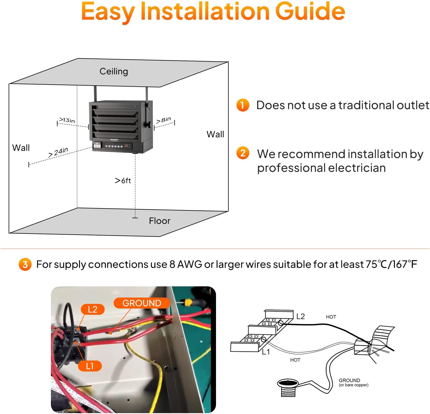 Easy Installation Guide

1. Does not use a traditional outlet
2. We recommend installation by professional electrician

3. For supply connections use 8 AWG or larger wires suitable for at least 75°C/167°F

- L1 HOT
- L2 HOT
- GROUND (or bare copper)