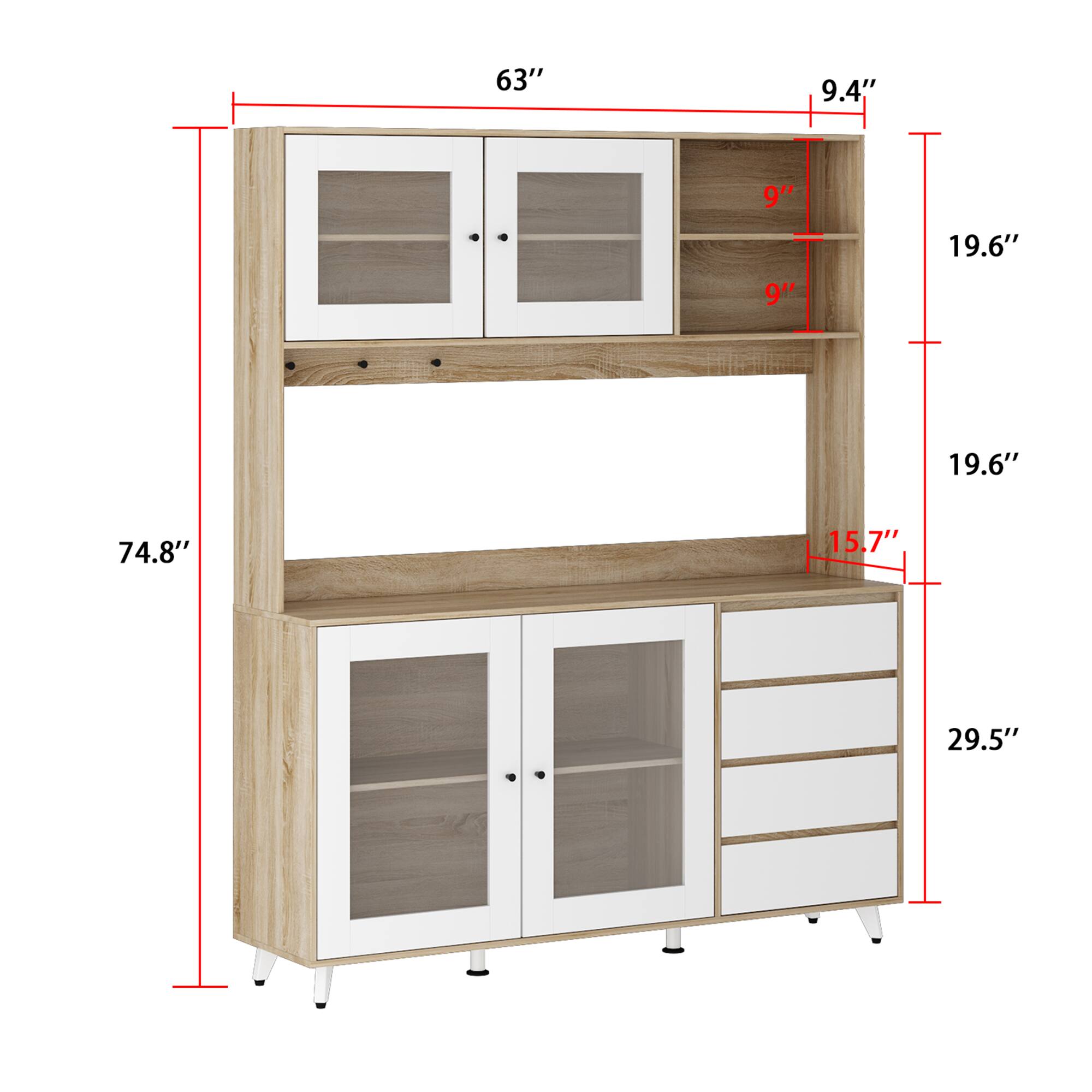 Width: 63"
Height: 74.8"
Depth: 29.5"
Shelf: 9.4"
Cabinet: 9"
Drawer: 19.6"
Shelf: 19.6"
Leg: 15.7"