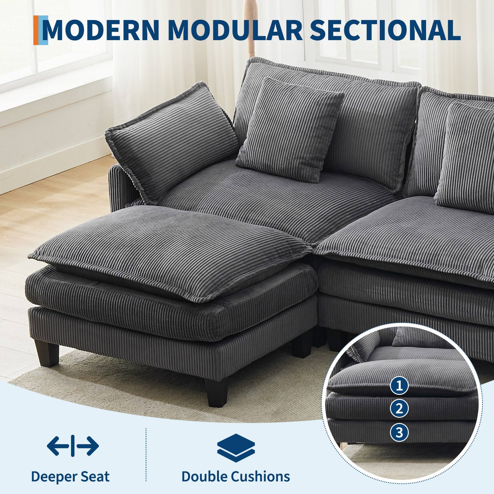 MODERN MODULAR SECTIONAL

Deeper Seat
Double Cushions