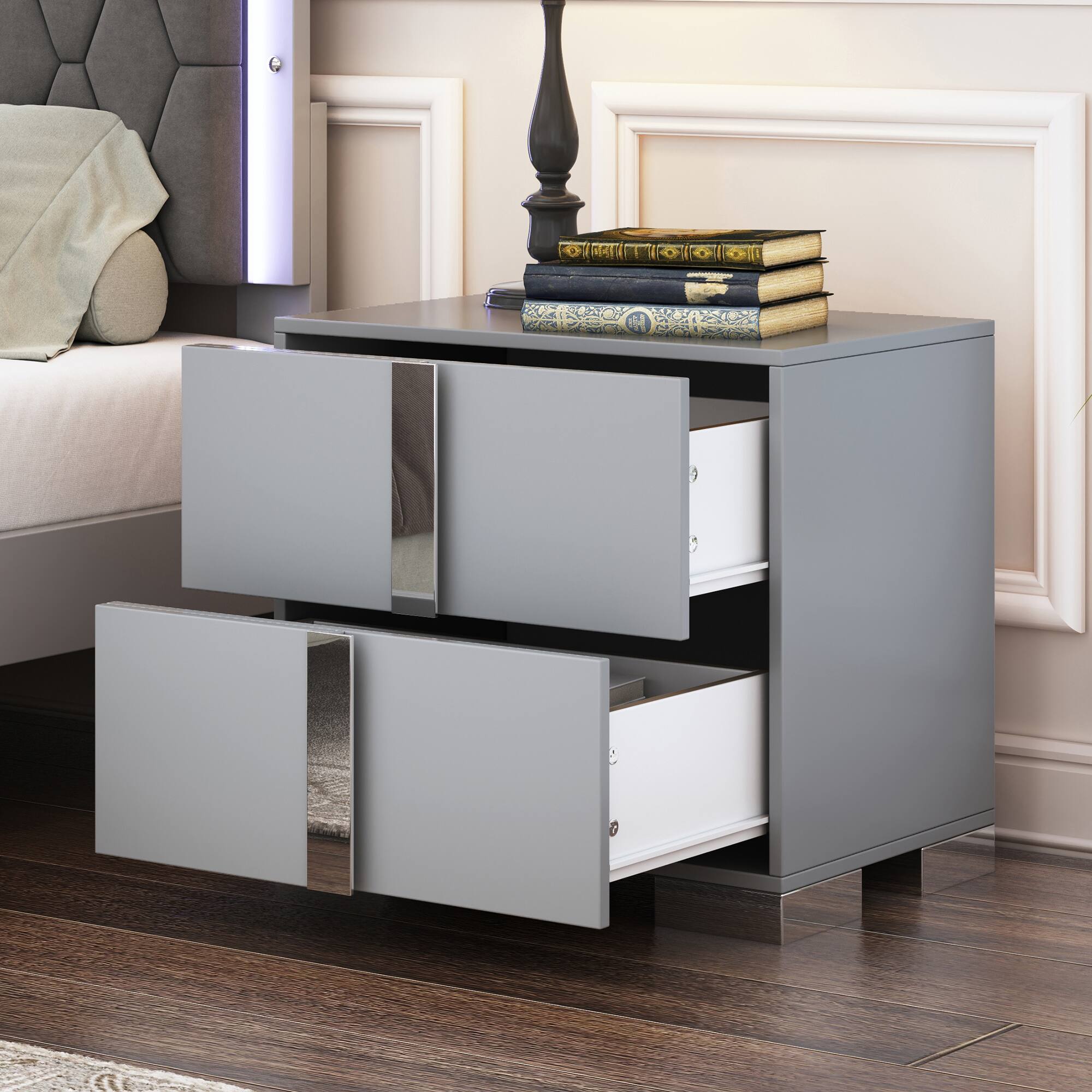 Angle. Spaco - Spaco 2 Drawers Elegant Nightstand with Metal Foot, Mirrored Bedside Table for Bedroom, Living Room - Gray.