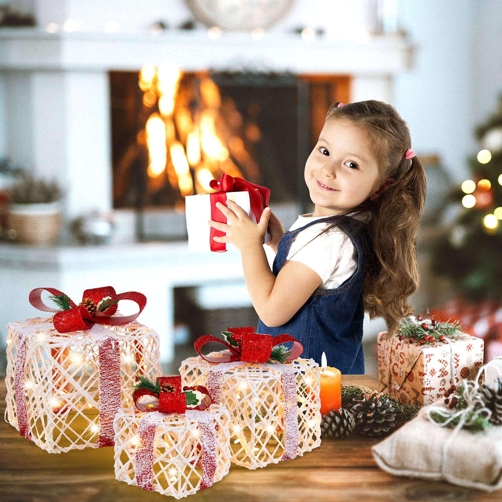 Alt View 4. Costway - Set of 3 Christmas Lighted Gift Boxes, Indoor Present Box Holiday Decoration - White/Red.