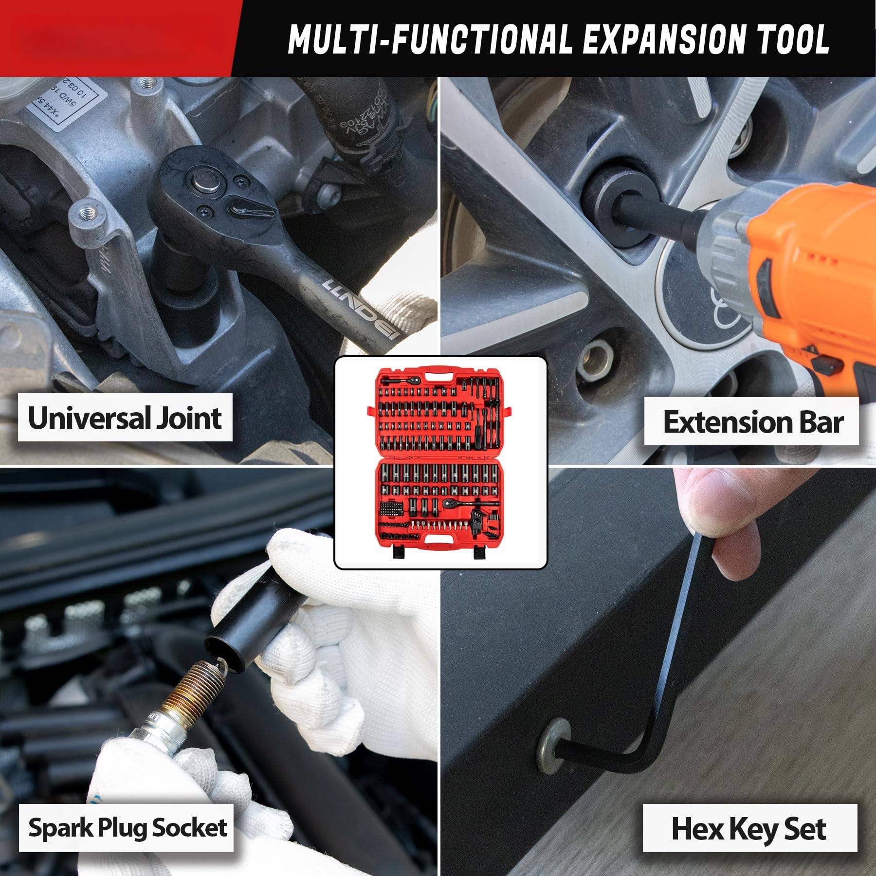 Sure, here is the corrected and grouped text from the image:

---

**MULTI-FUNCTIONAL EXPANSION TOOL**

- Universal Joint
- Extension Bar
- Spark Plug Socket
- Hex Key Set

---

**LLNDEI**