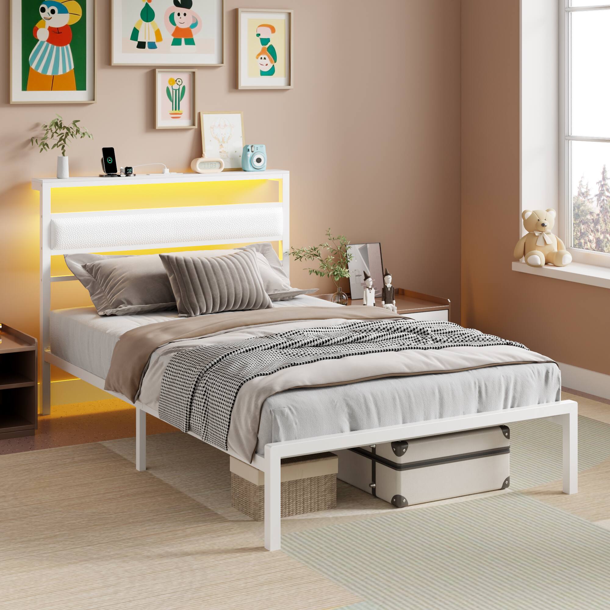 Alt View 1. Furnulem - Bed Frame with Storage Headboard LED Light Built-in Charging Station USB Ports Underbed Storage No Box Spring Needed - White.