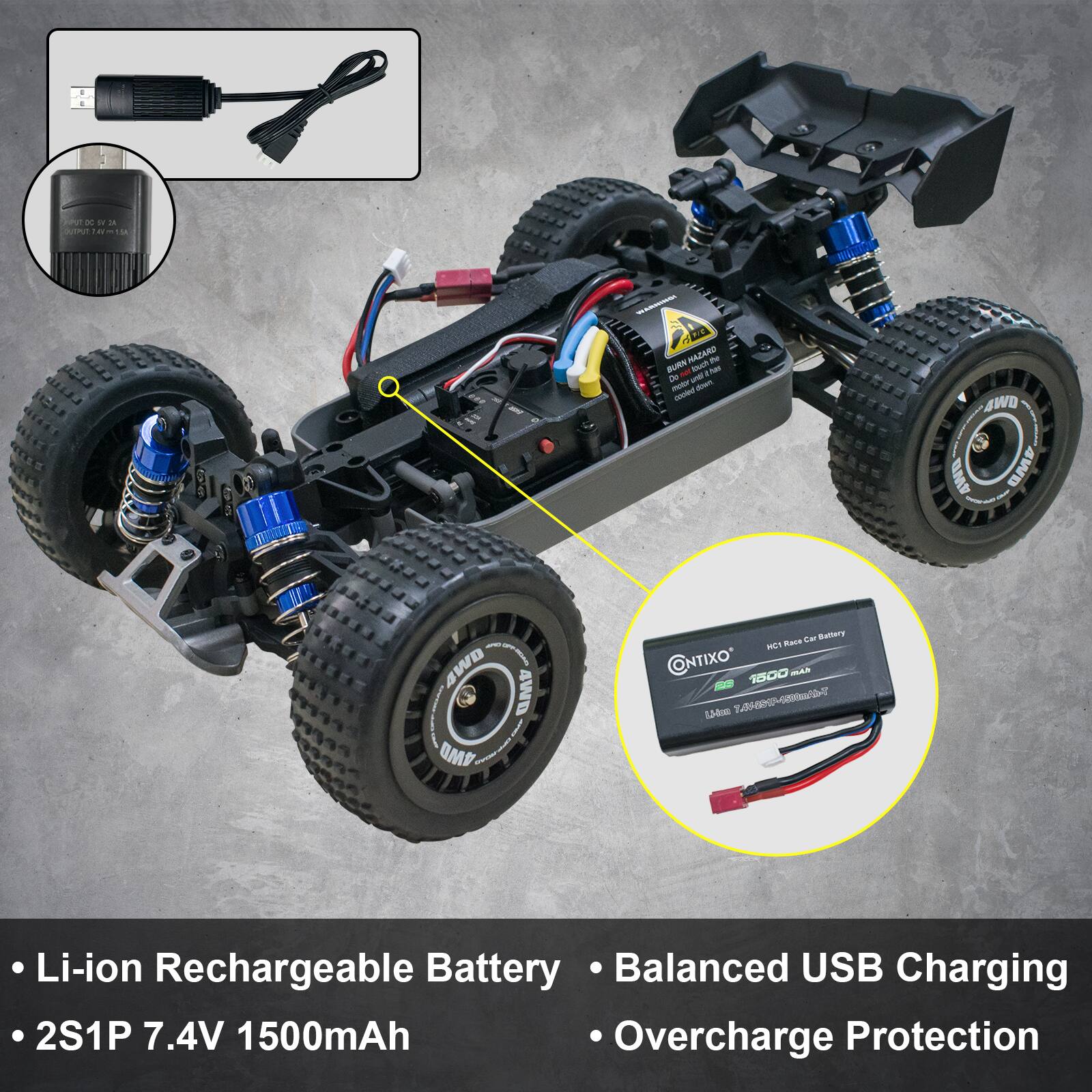 - Li-ion Rechargeable Battery
- 2S1P 7.4V 1500mAh
- Balanced USB Charging
- Overcharge Protection