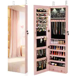 Costway - Mirrored Wall & Door Mounted Jewelry Cabinet Storage Organizer with Lights&Drawer - Pink