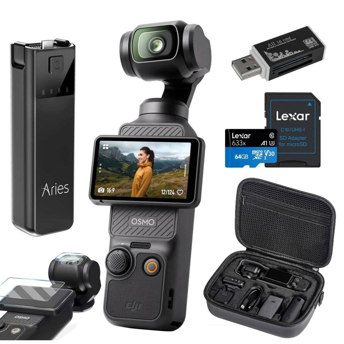 All in one  
Lexar C10/UHS-I SD Adapter 633x A1 U for microSD  
64GB XC I  
Aries  
16:9  
12/124  
OSMO