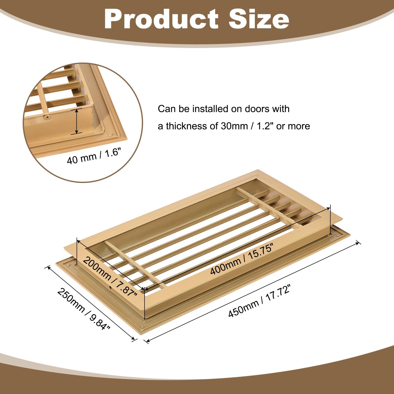 Product Size

Can be installed on doors with a thickness of 30mm / 1.2" or more

- 40 mm / 1.6"
- 200mm / 7.87"
- 250mm / 9.84"
- 400mm / 15.75"
- 450mm / 17.72"