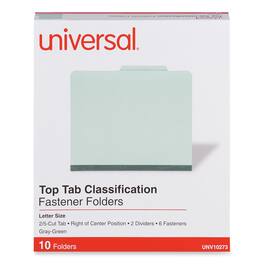 Universal - Six-Section Pressboard Classification Folders, 2" Expansion, 2 Dividers, 6 Fasteners, Letter Size, Gray-Green, 10/Box