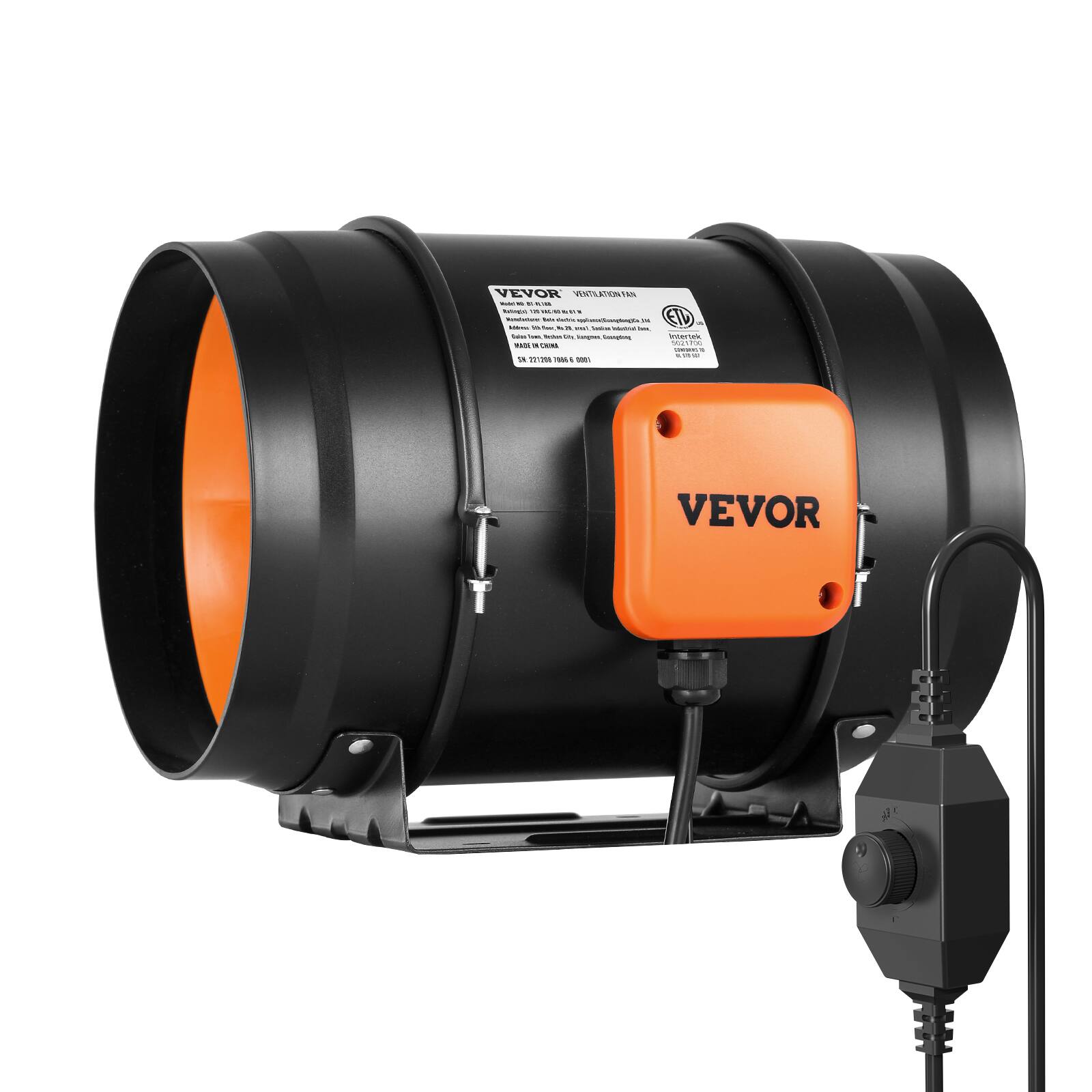 VEVOR - Inline Duct Fan,8-Inch 750 CFM with Variable Speed Controller,Quiet AC-motor Ventilation Exhaust Fan for Cooling Booster - Black